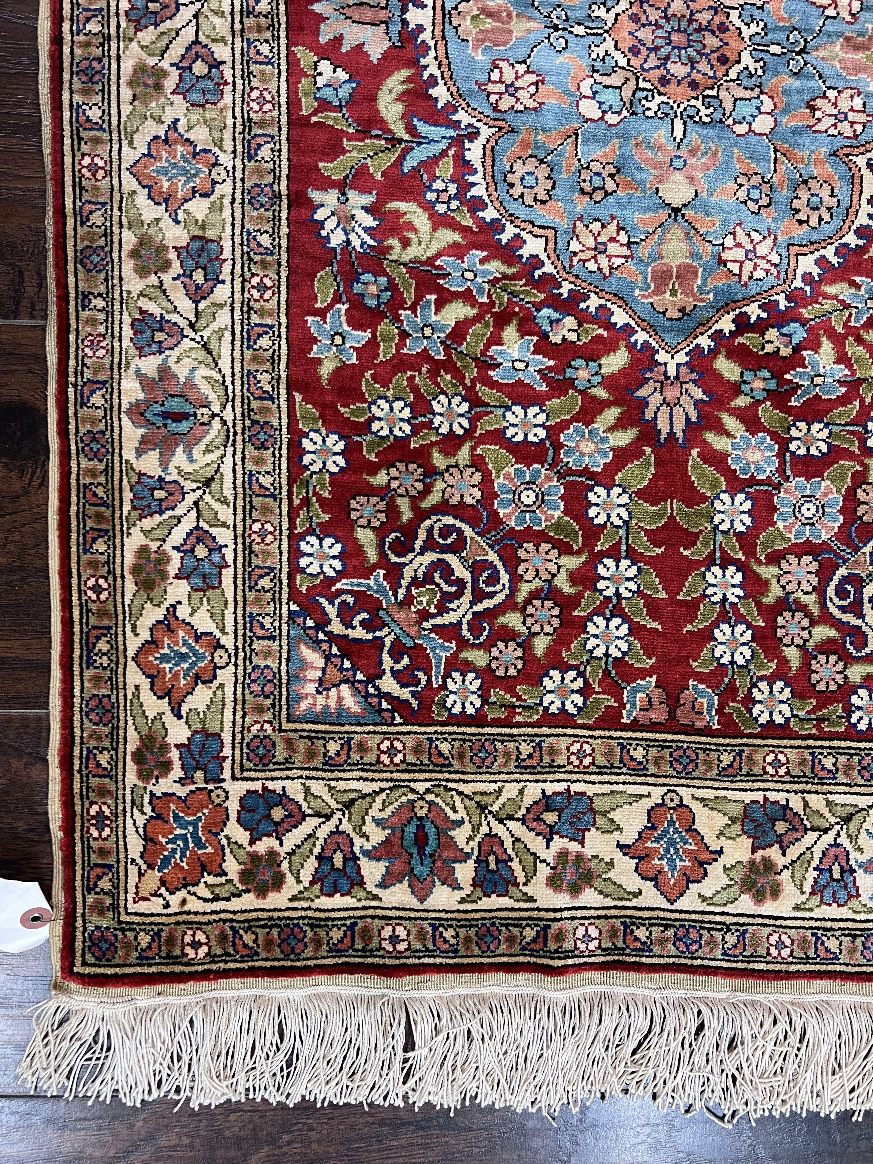 Silk Turkish Kayseri Rug 2x3, Small All Silk Turkish Carpet, Red and Light Blue, Very Fine Hand Knotted Semi Antique Vintage Handmade Rug - Jewel Rugs