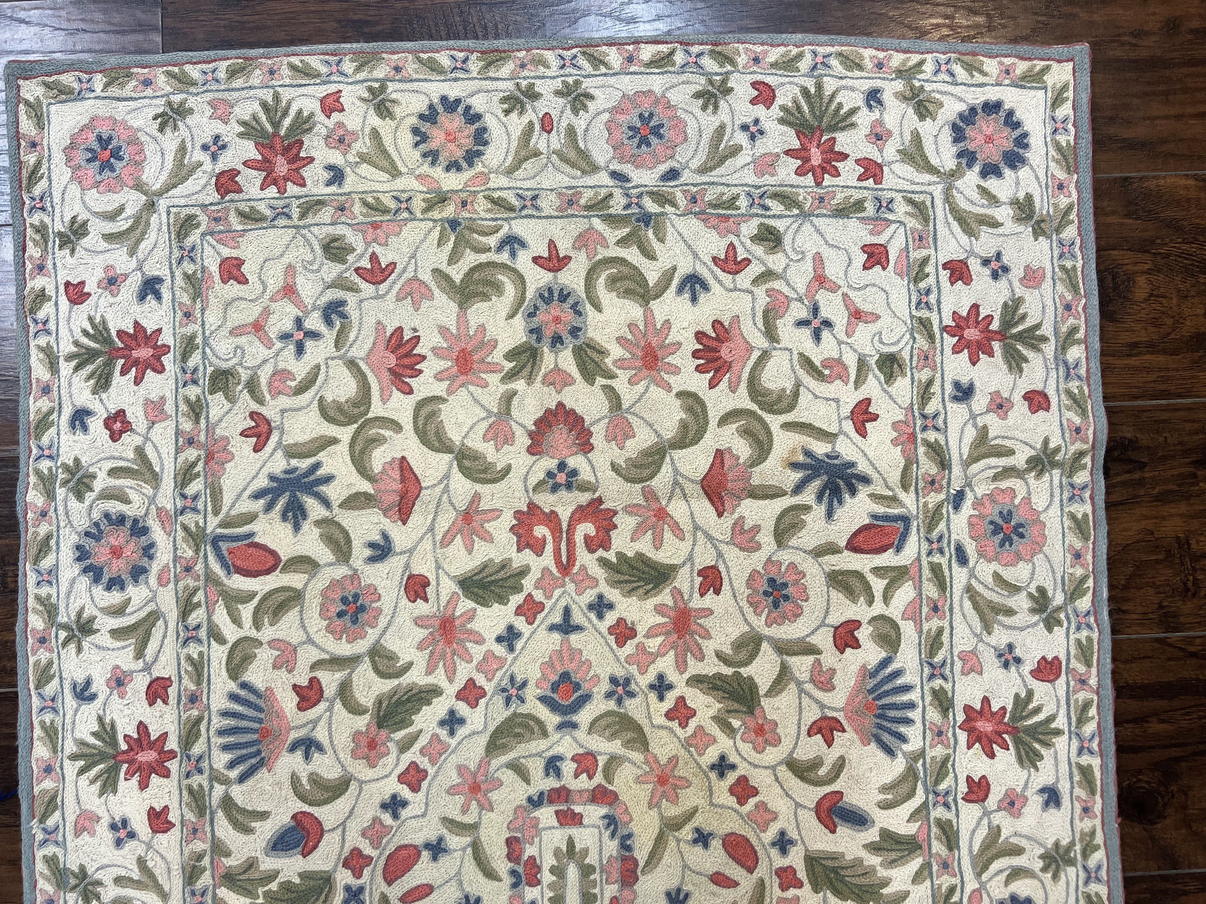 Hand Stitched Indian Rug 4x5, Floral, Vintage Hand Embroidered Rug - Jewel Rugs