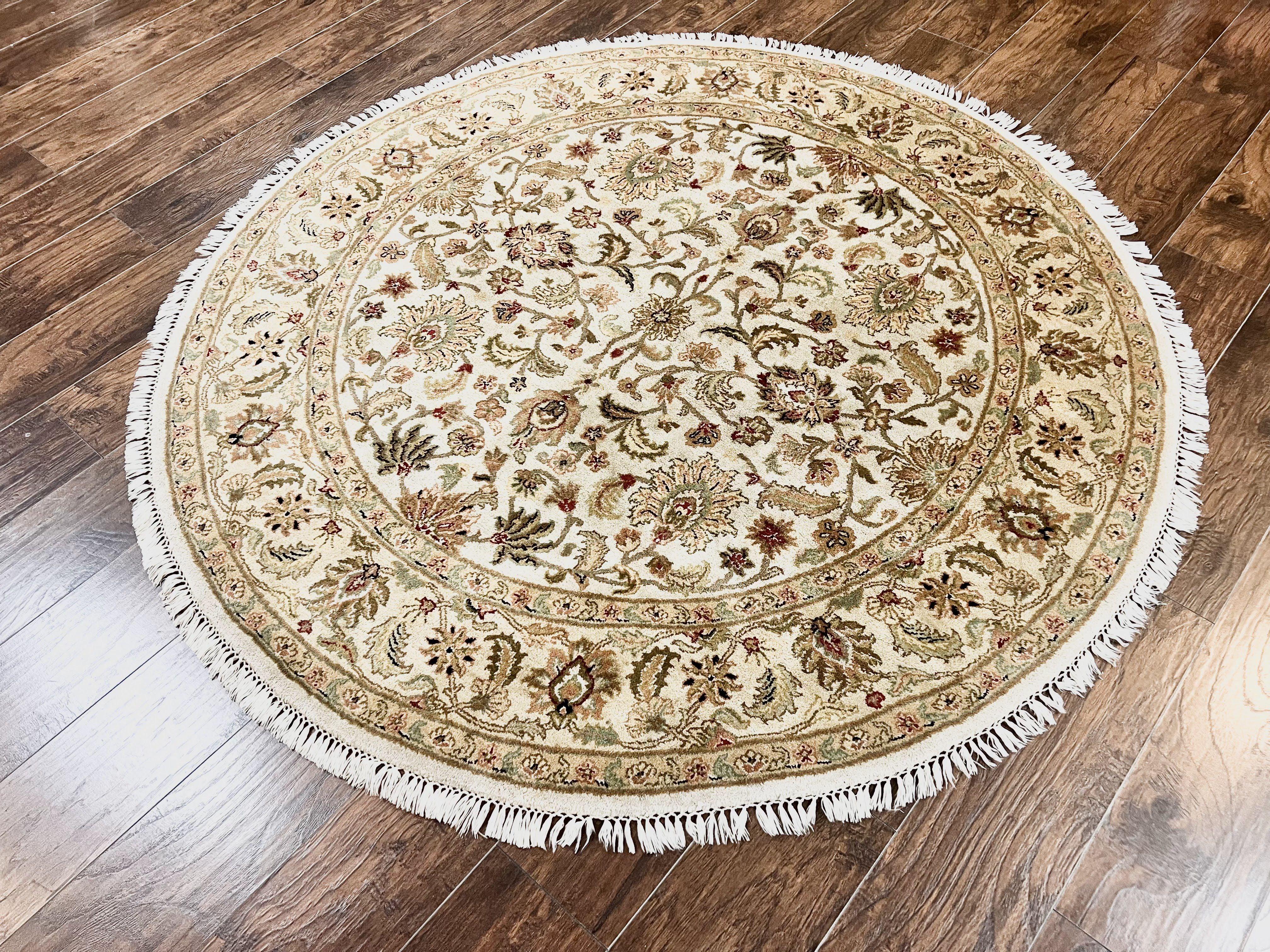 6x6 Round Rug, Indo Persian Round Oriental Carpet, 6ft Round, Beige Rug, Floral Allover, Vintage Hand Knotted Wool Carpet - Jewel Rugs