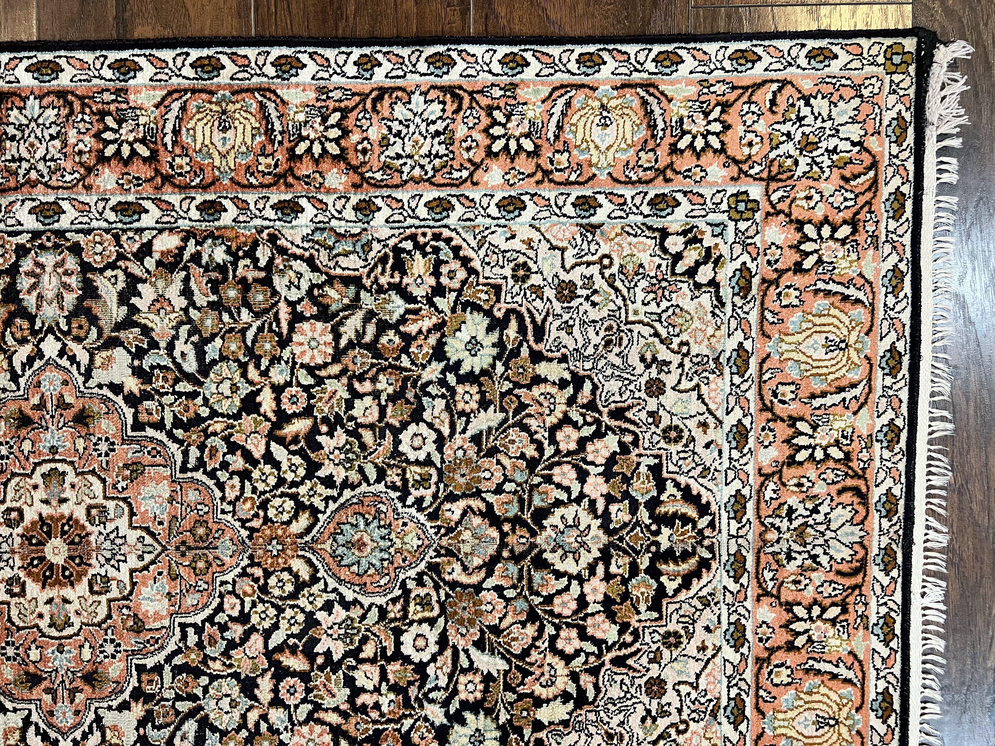 Silk Indian Kashmiri Rug 3x5, Indo Persian Silk on Silk Carpet, Very Fine 350 KPSI, Navy Blue, Handmade, Floral Medallion - Jewel Rugs