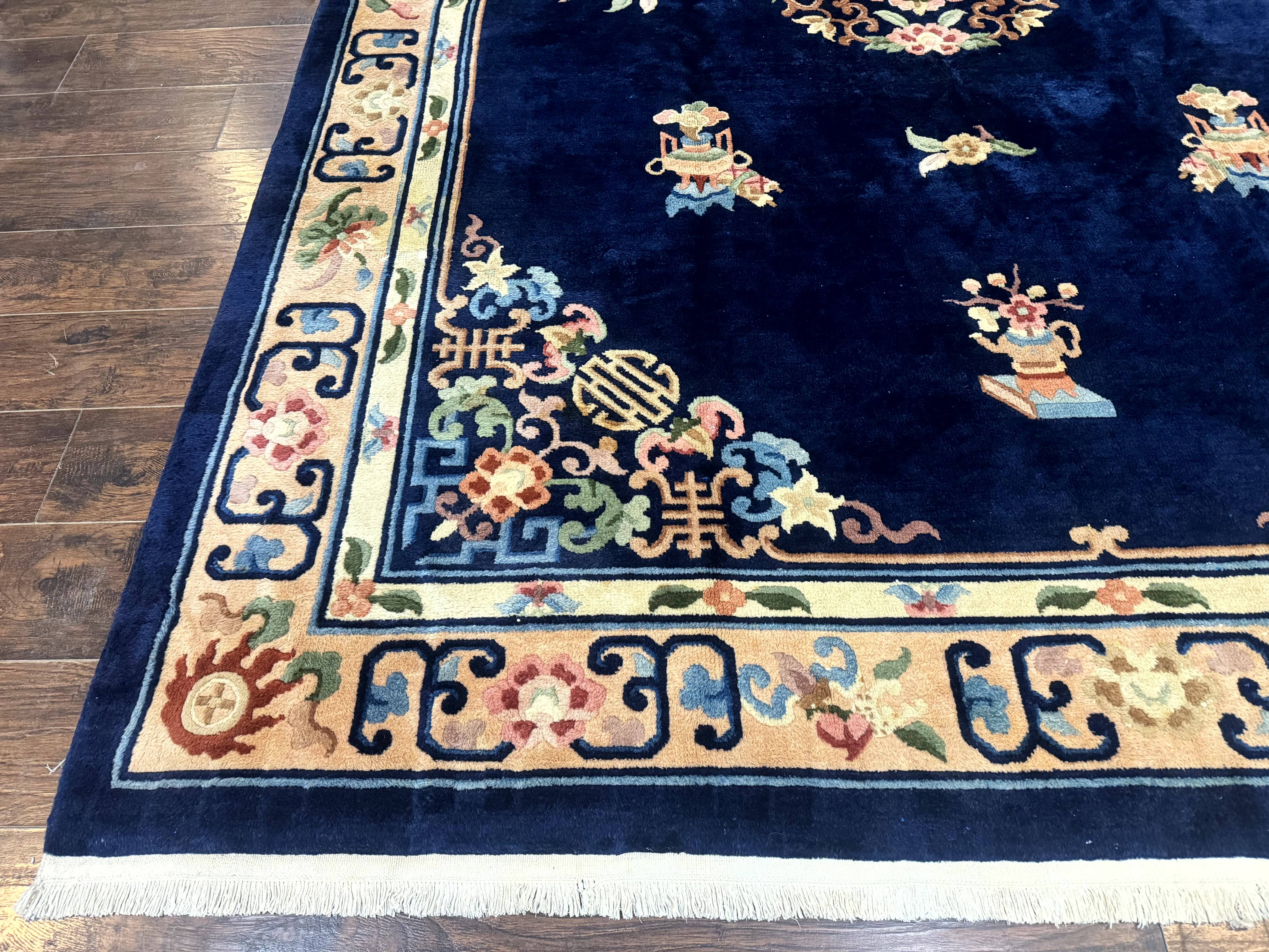 Chinese Wool Rug 8x11, Navy Blue and Beige, Simple Design, Fete Carpet - Jewel Rugs