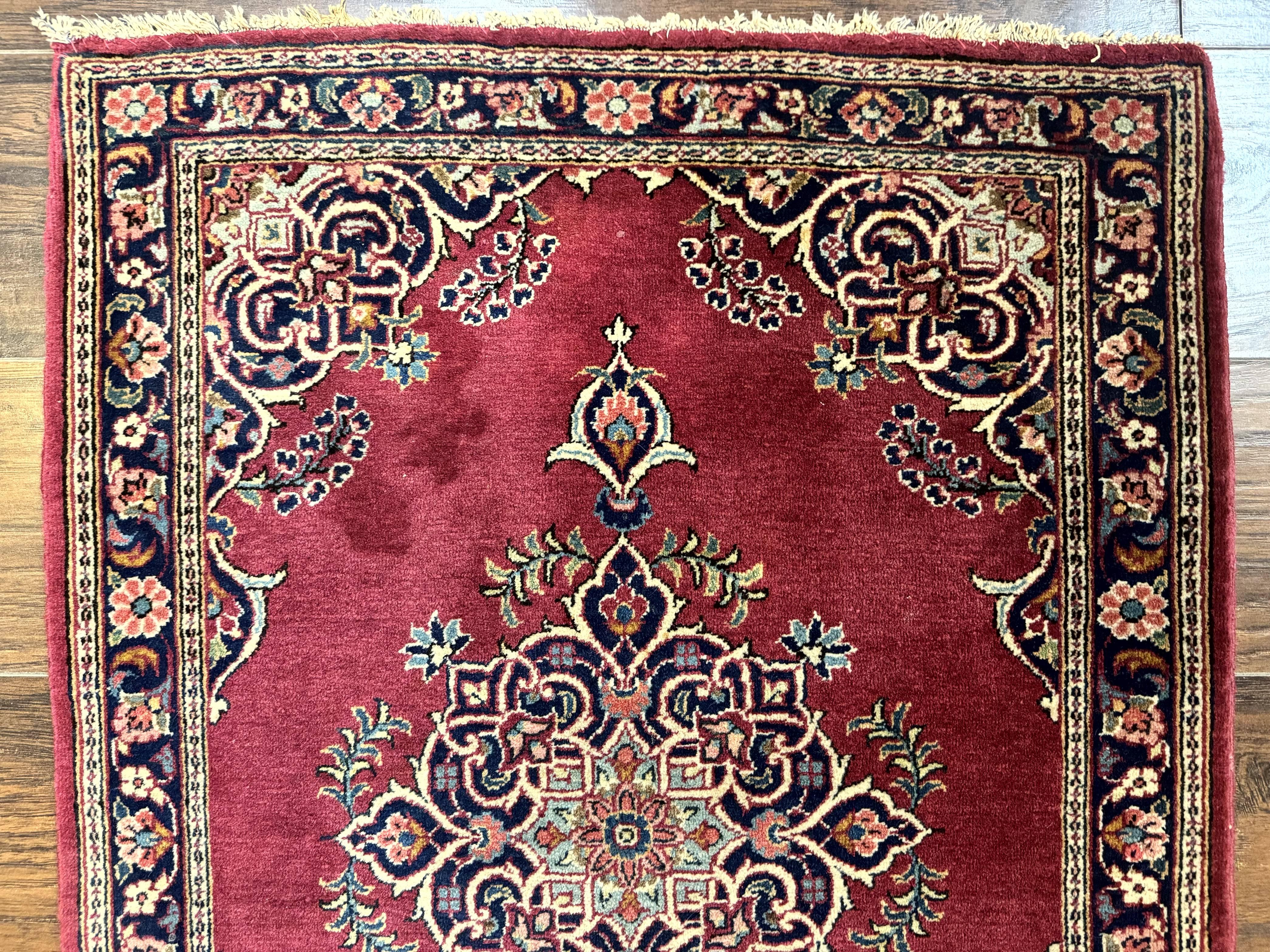 Small Persian Kashan Rug 2x3, Red and Navy Blue, Handmade Vintage Wool Semi Antique Persian Carpet, Semi Open Field - Jewel Rugs
