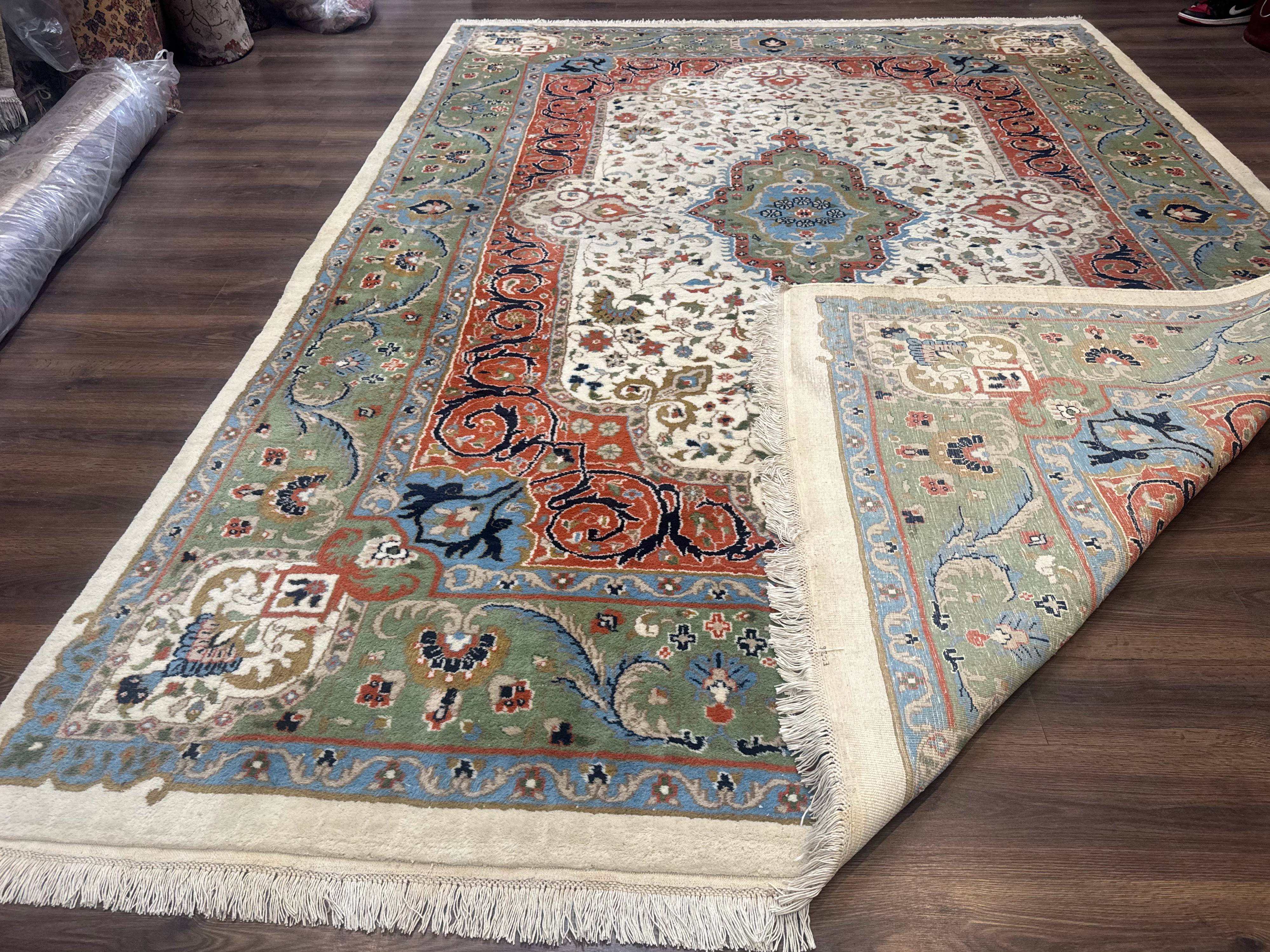 Indo Persian Rug 9x12, Ivory Red Green, Traditional Oriental Carpet - Jewel Rugs