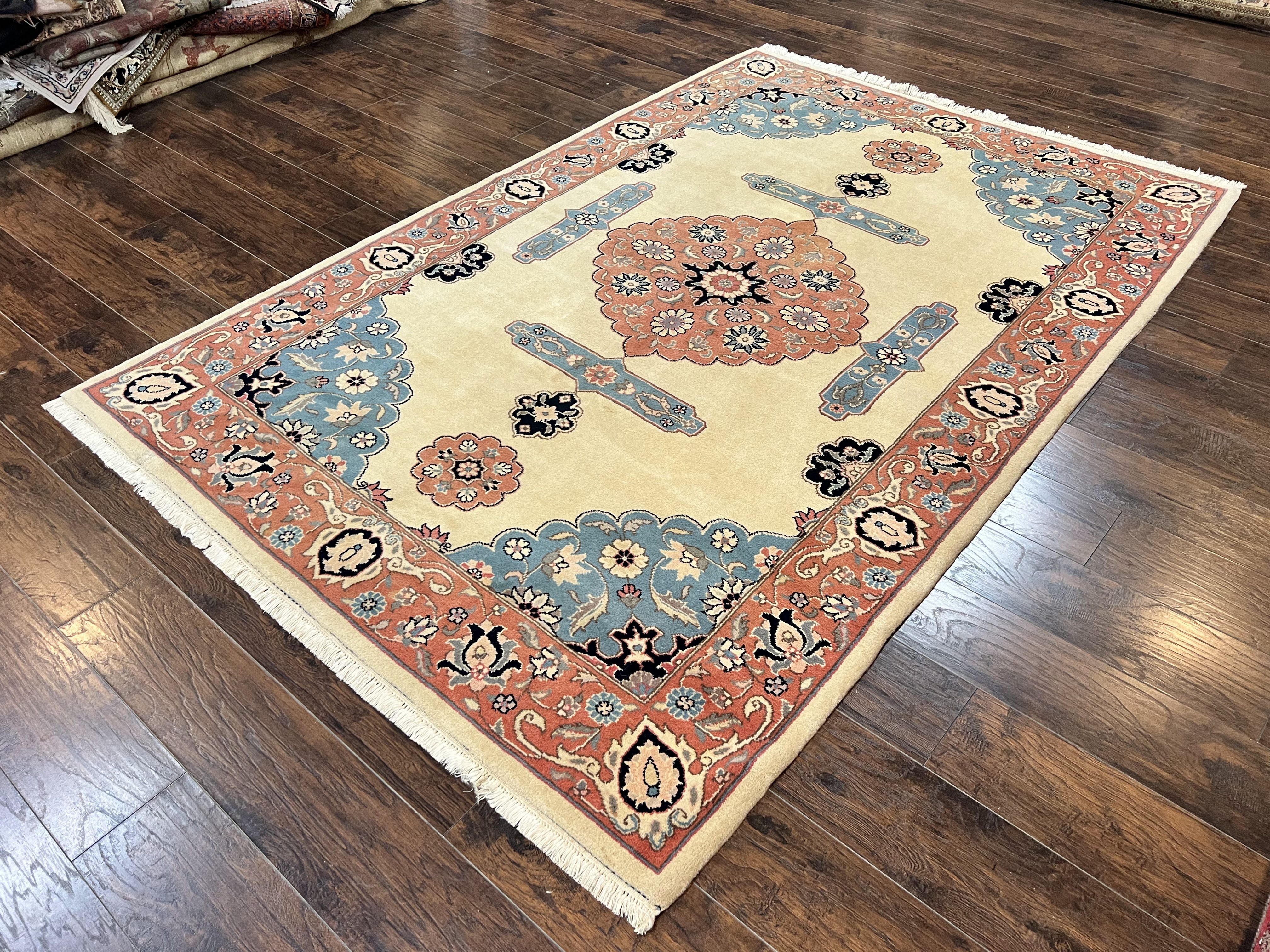 Romanian Heriz Serapi Rug 6x9, Hand Knotted Vintage Wool Oriental Carpet, Medium Sized Area Rug, Boho Rug, Handmade Rug, Cream and Pink - Jewel Rugs