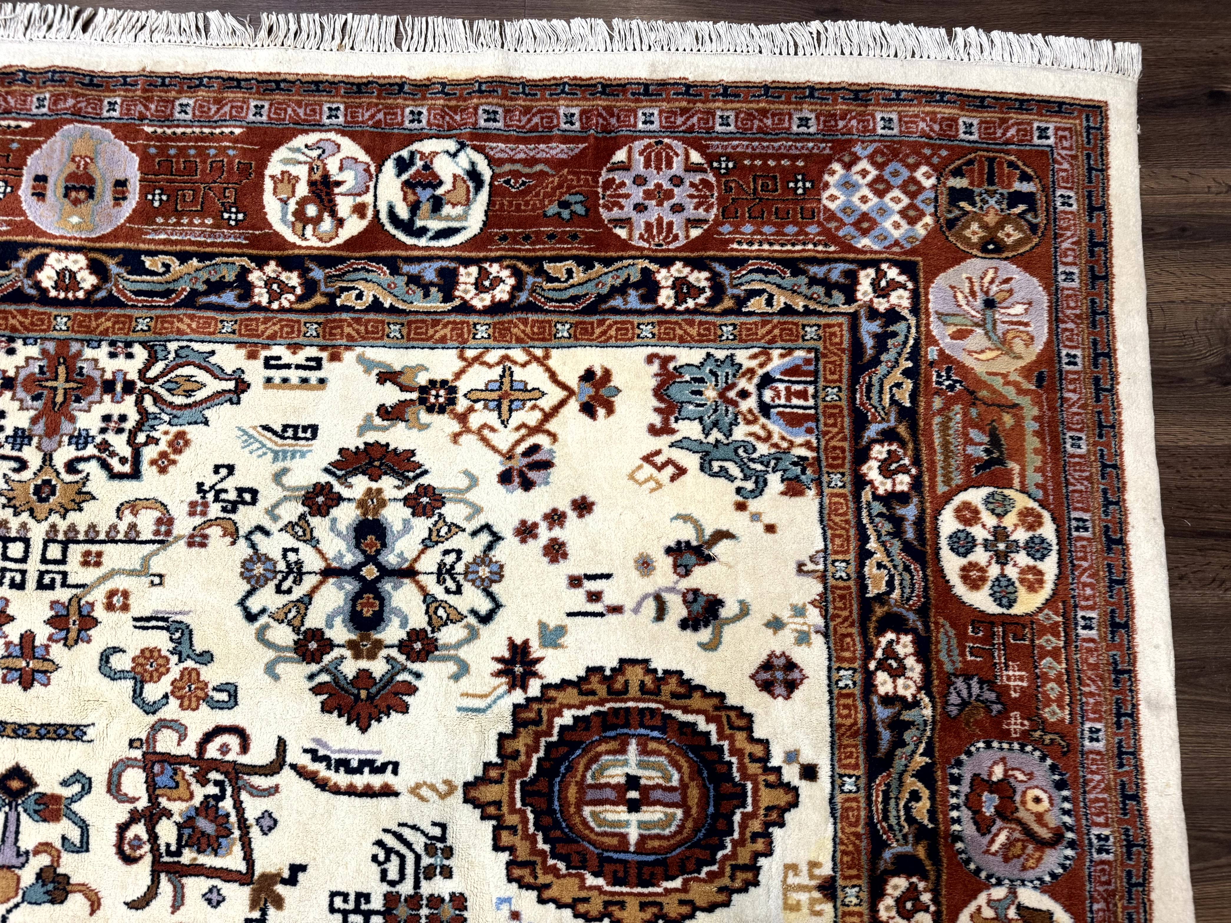 Indo Chinese Wool Rug 9x12, Ivory and Rust Red, Dragon Motifs - Jewel Rugs