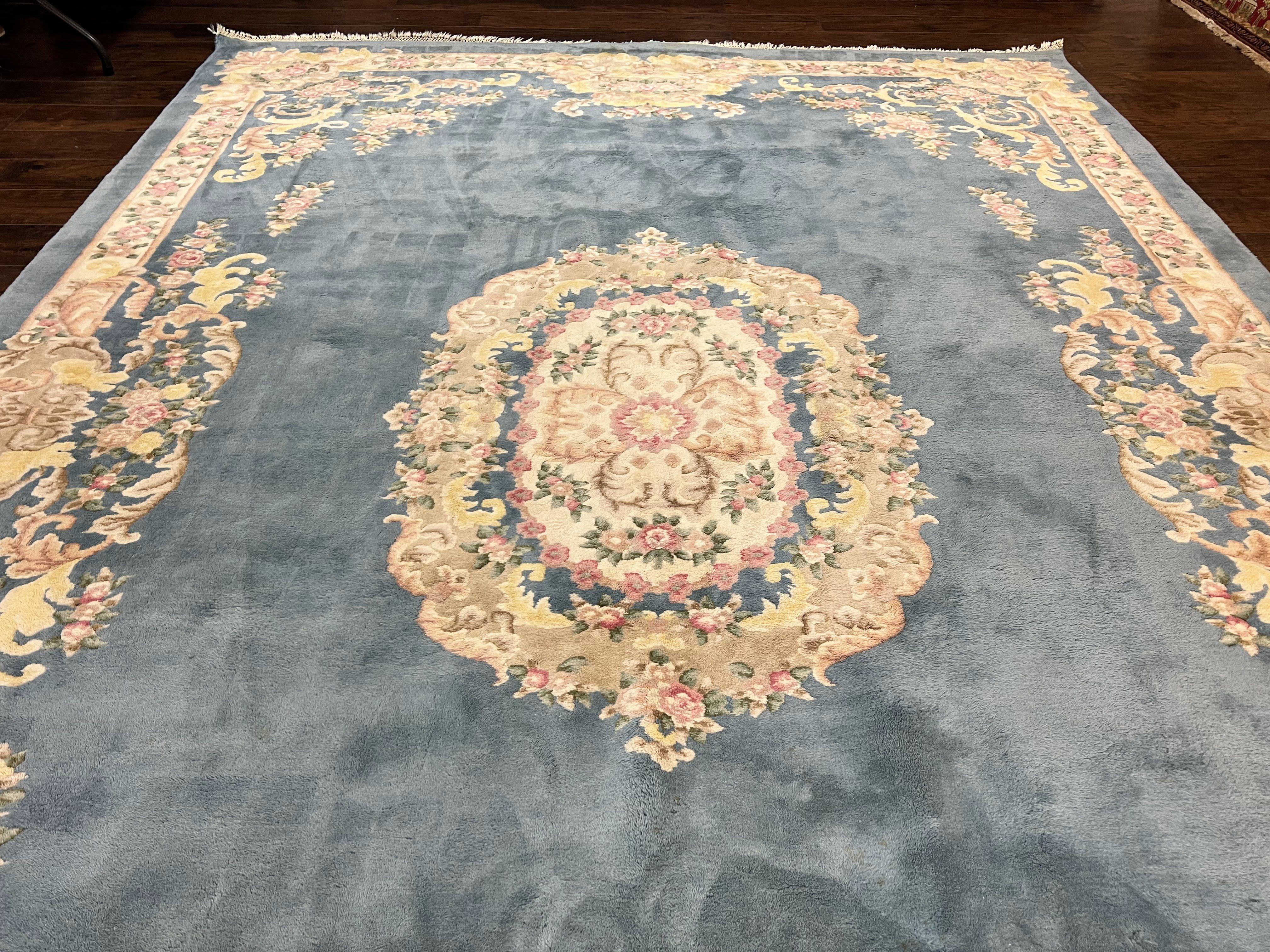 Indo Chinese Rug 9x14, Wool Hand Knotted Vintage Carpet, Light Blue Cream Beige, Aubusson European Design Rug 9 x 14 - Jewel Rugs