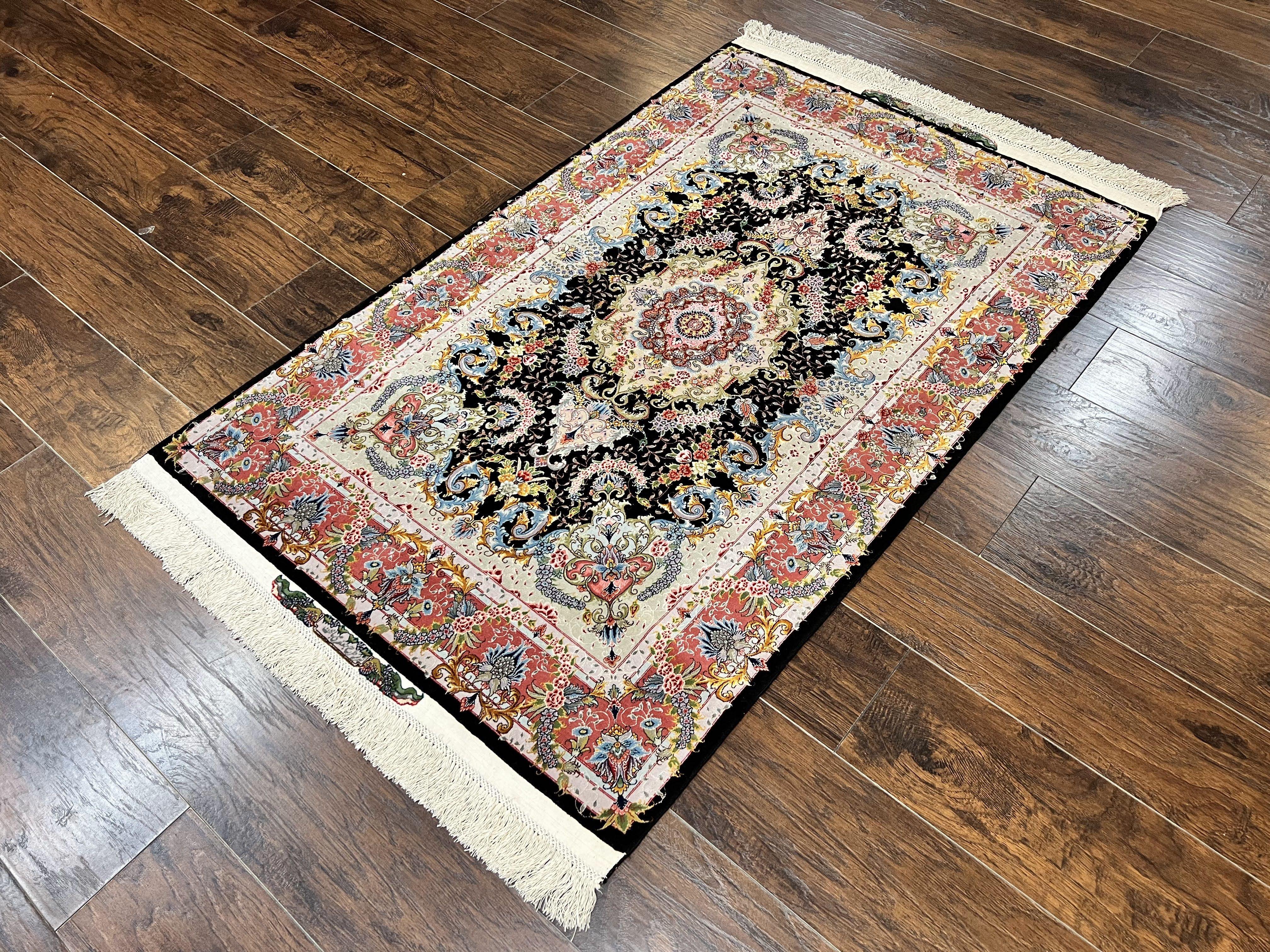 Wonderful 3x5 Persian Tabriz Rug, 650 KPSI, Kork Wool on Silk Foundation, Hand Knotted, Black and Red, Signed by Master Weaver, Floral Medallion - Jewel Rugs