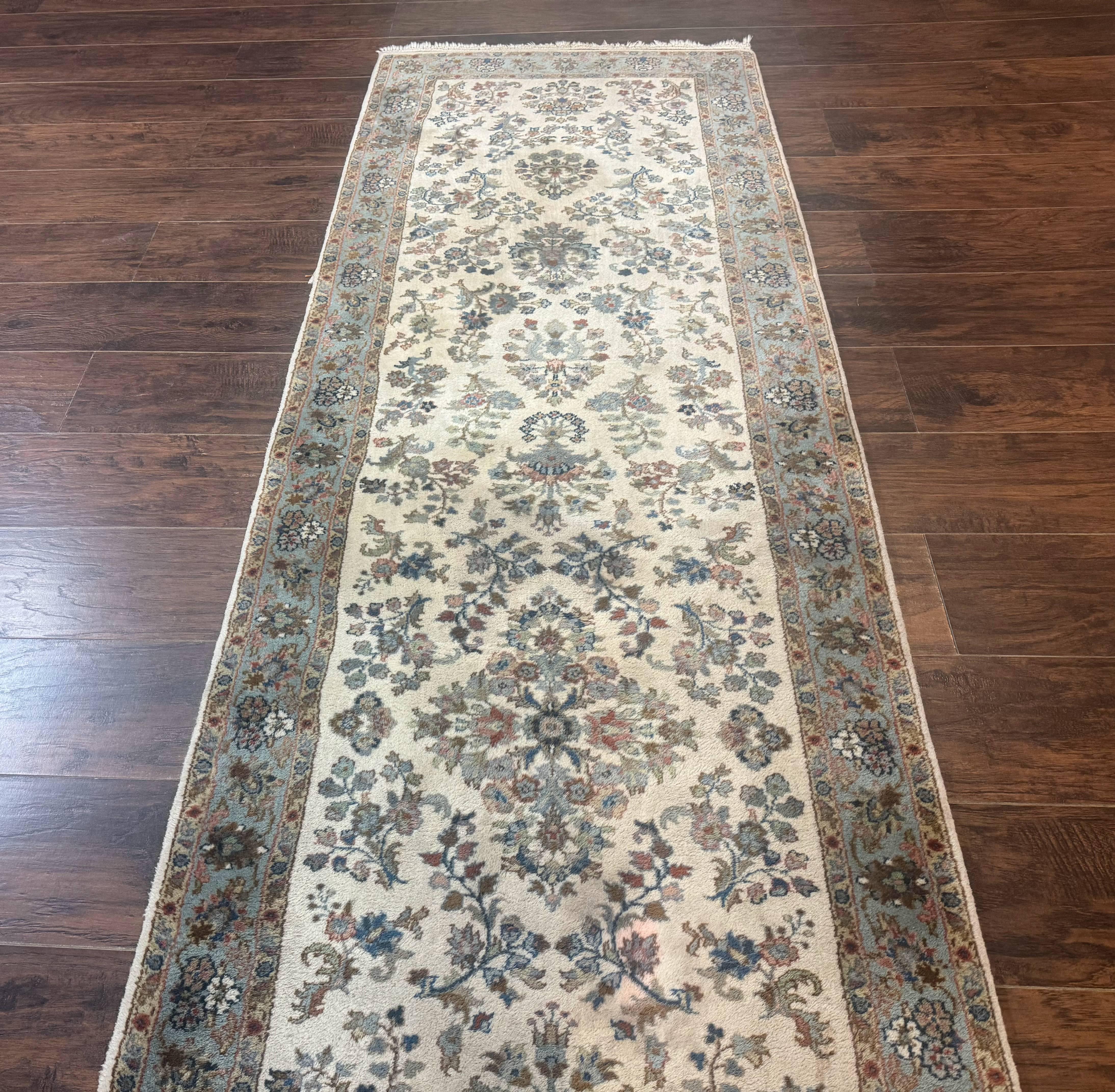 Indo Persian Sarouk Runner Rug 3x12, Cream and Light Blue, Oriental Runner for Hallway or Kitchen 3 x 12 - Jewel Rugs
