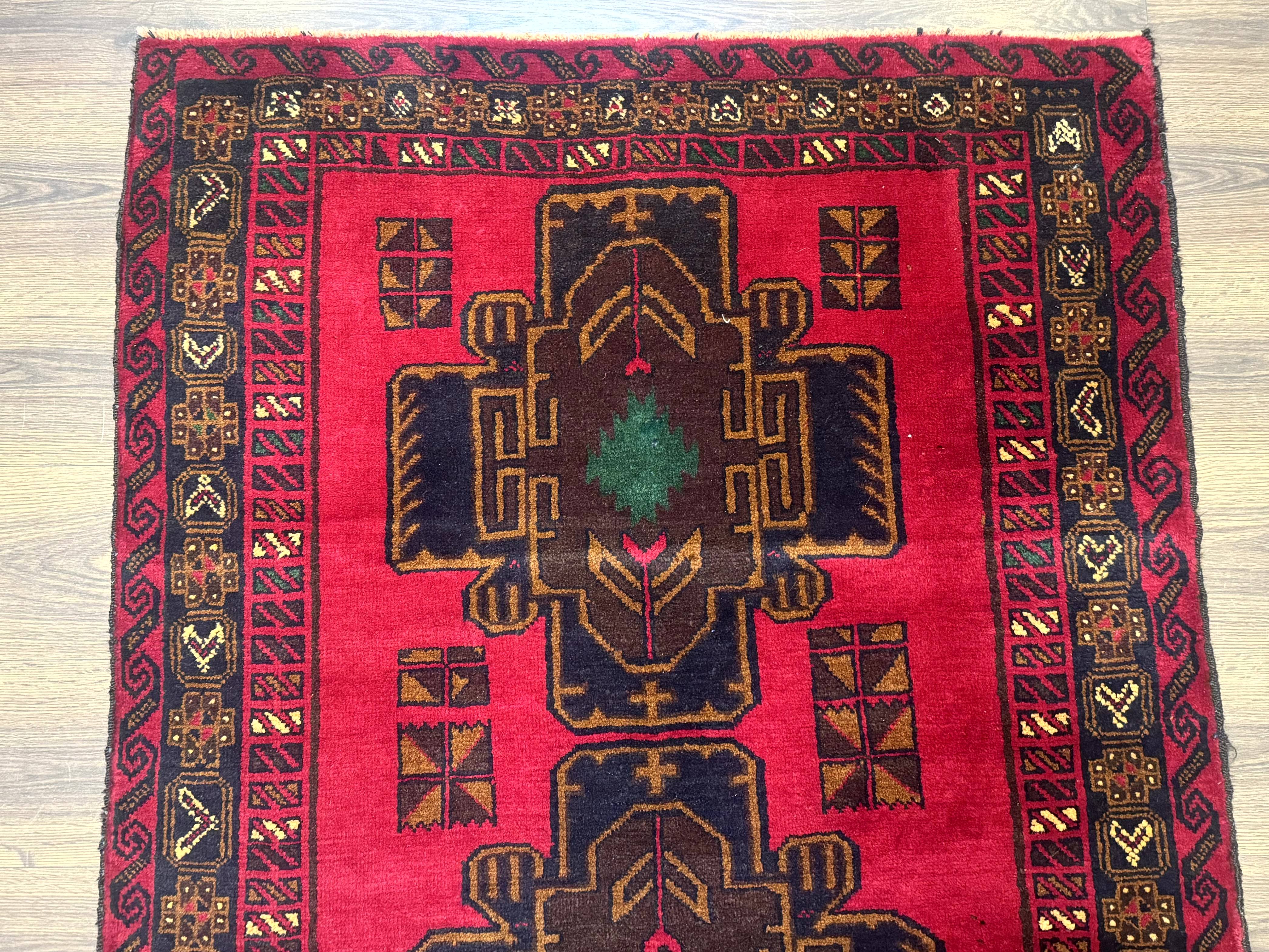 Red Afghan Balouch Rug 4x7, Triple Medallions, Handmade, New - Jewel Rugs