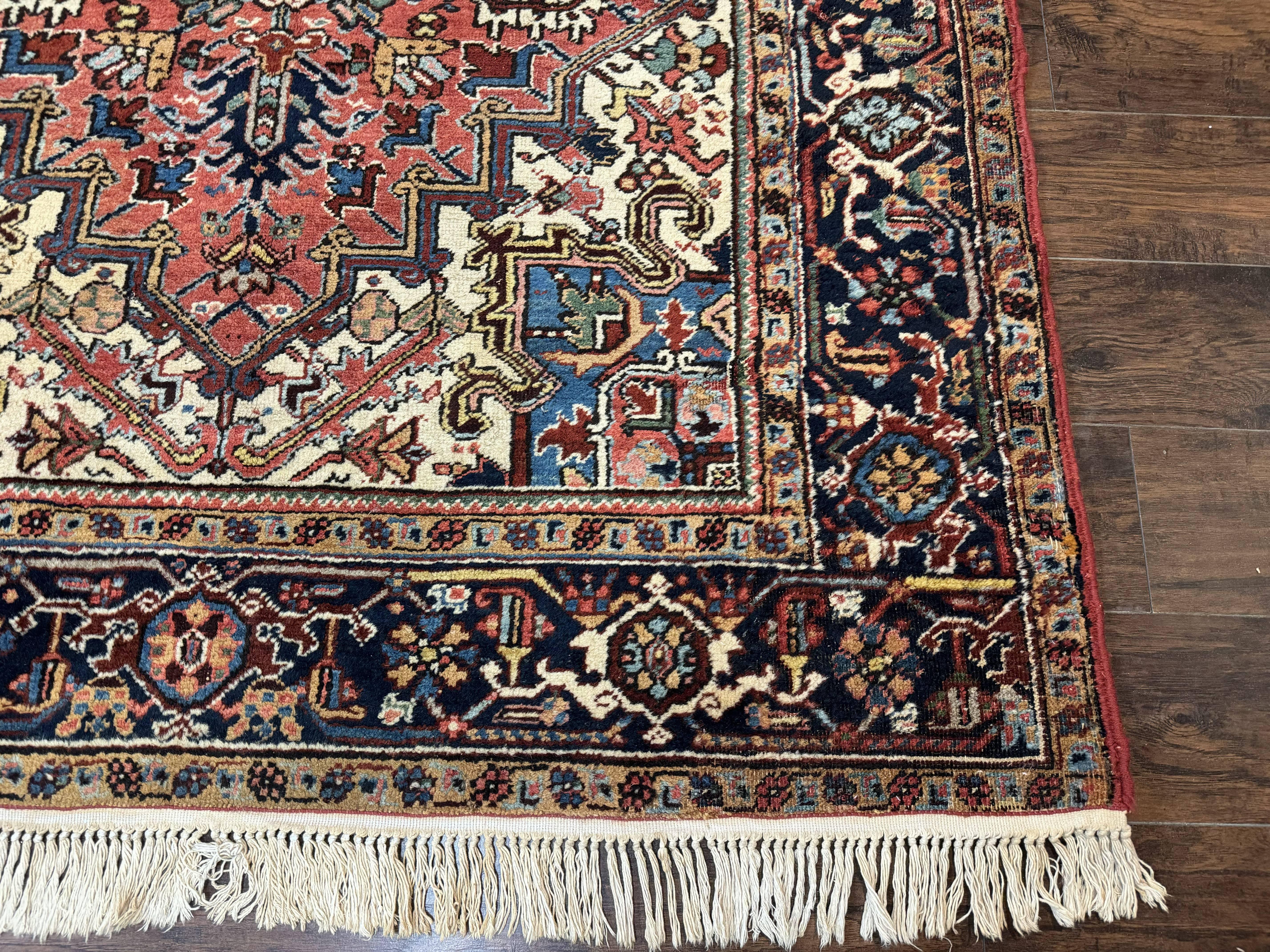 Antique Persian Heriz Rug 6x9, Red Navy Blue, Wool, Geometric Medallion - Jewel Rugs