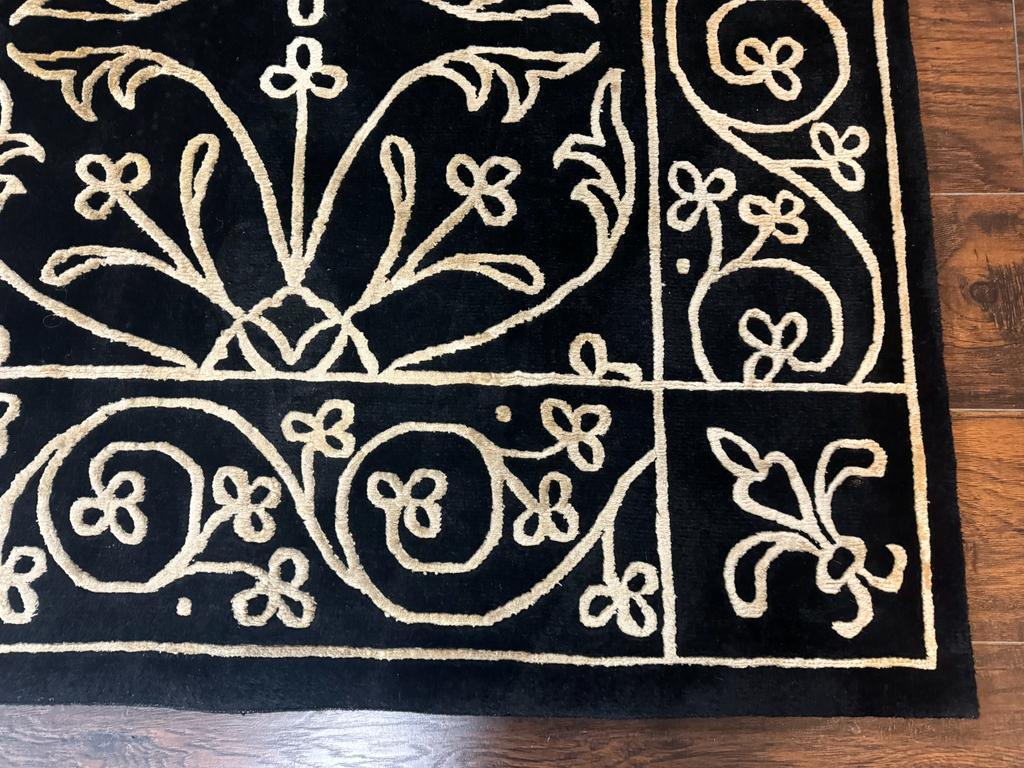 Tibetan Rug 8x10, Wool and Silk, Raised Pattern, Black and Gold, Floral - Jewel Rugs