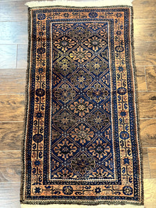 Small Antique Persian Rug 2.7 x 4.7, Handmade Wool Rug, Navy Blue, Balouch Rug, Tribal Rug