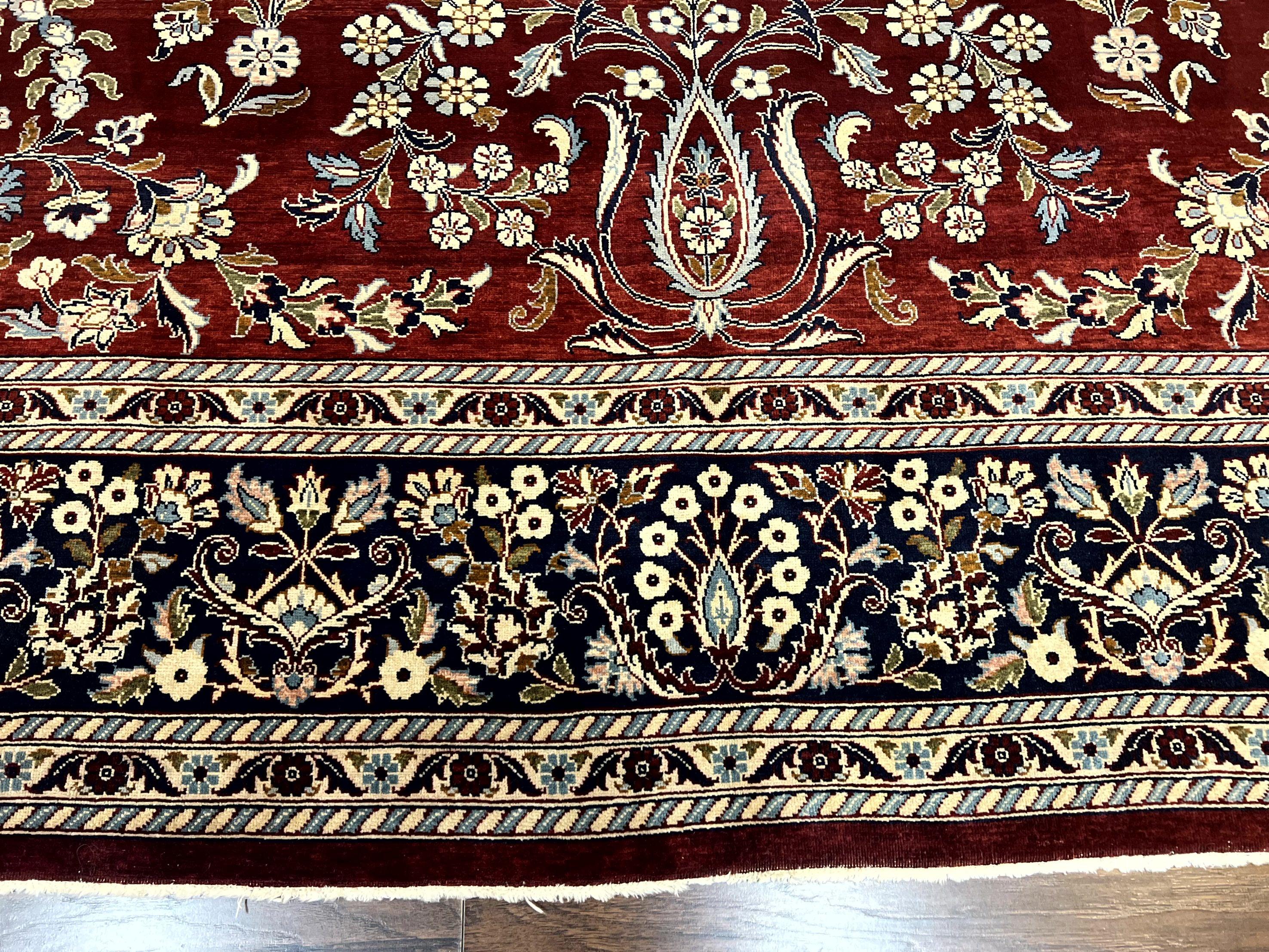 Indo Persian Sarouk Rug 9x12, Floral Allover, Dark Red & Navy Blue, Handmade Vintage Wool Carpet - Jewel Rugs
