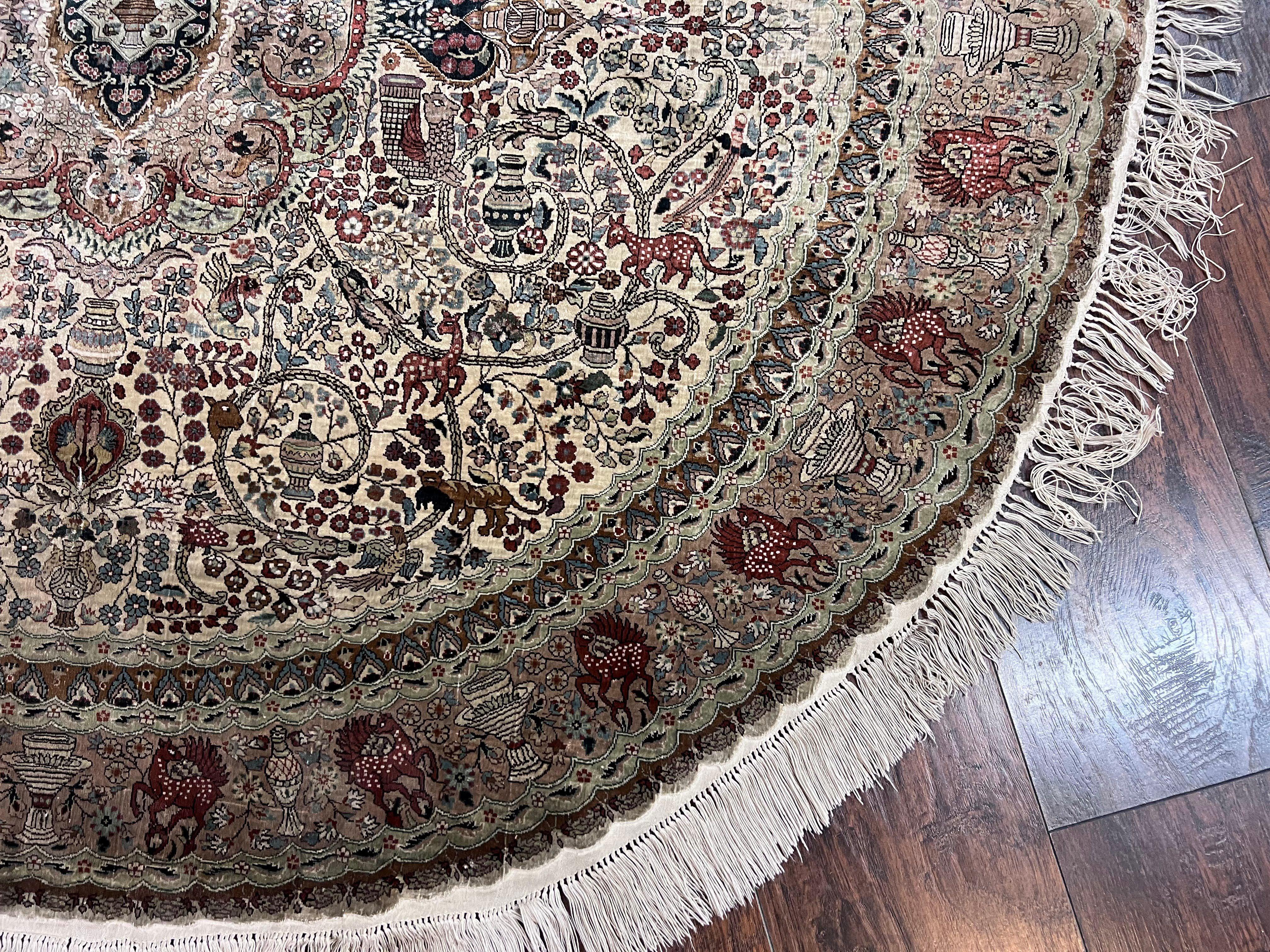 Silk Round Sino Persian Rug 5x5, Super Fine 650 KPSI, All Silk Vintage Handmade Round Carpet, Animal Pictorials, Floral Medallion Cream, Wow - Jewel Rugs