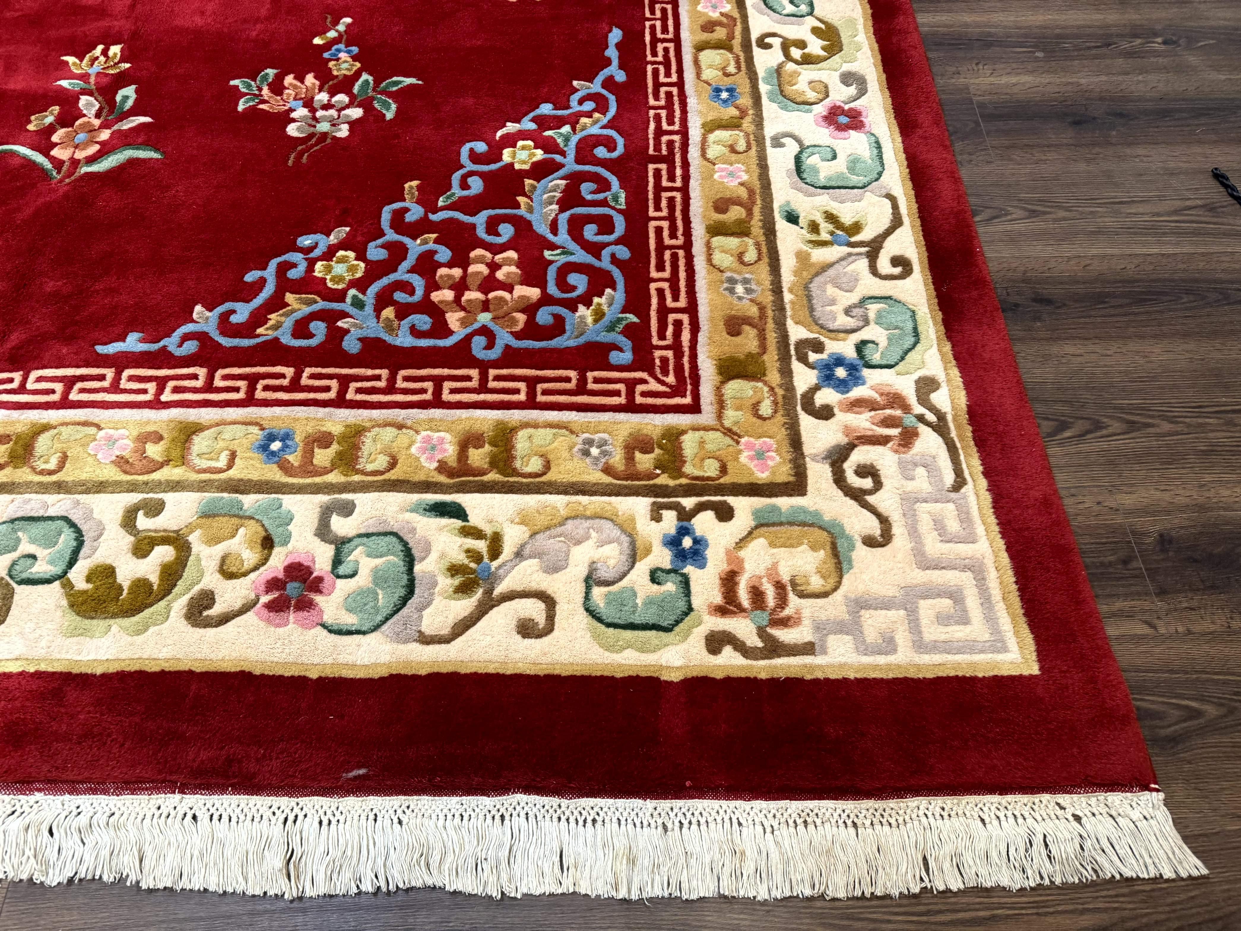 Indo Chinese Wool Rug 9x12, Red Art Deco Carpet, Vintage - Jewel Rugs