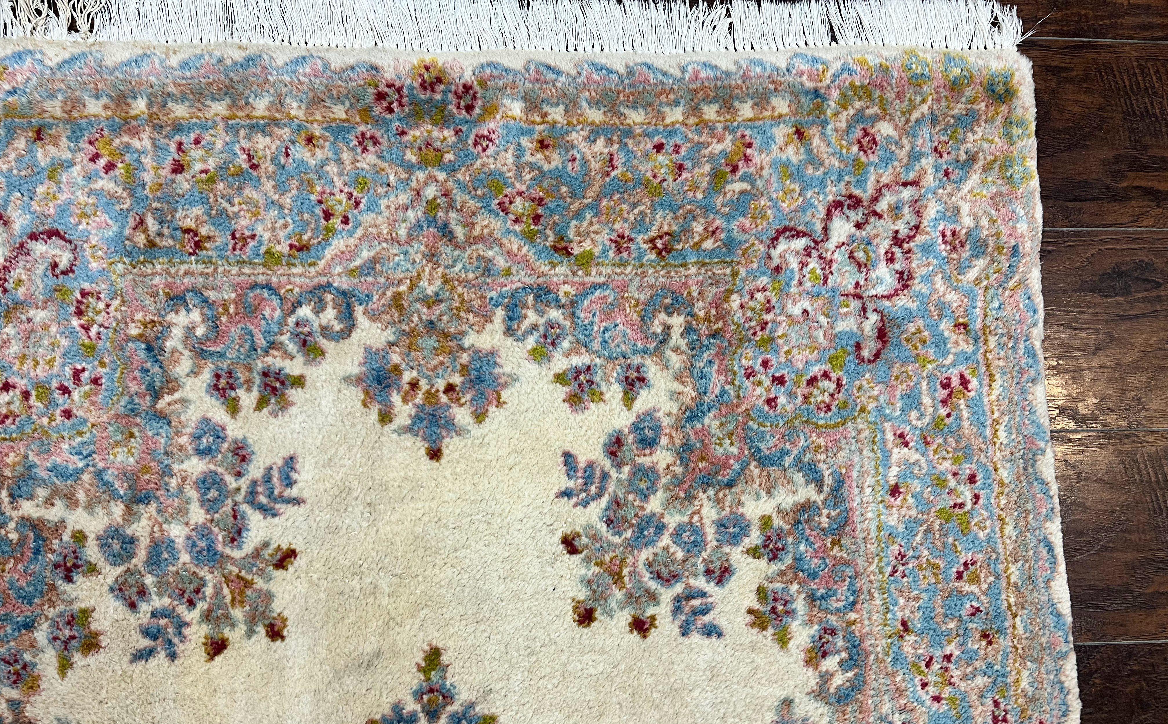 Persian Kirman Rug 4x7, Wool Handmade Vintage Carpet, Cream & Light Blue, Semi Open Field, Traditional Oriental Rug - Jewel Rugs