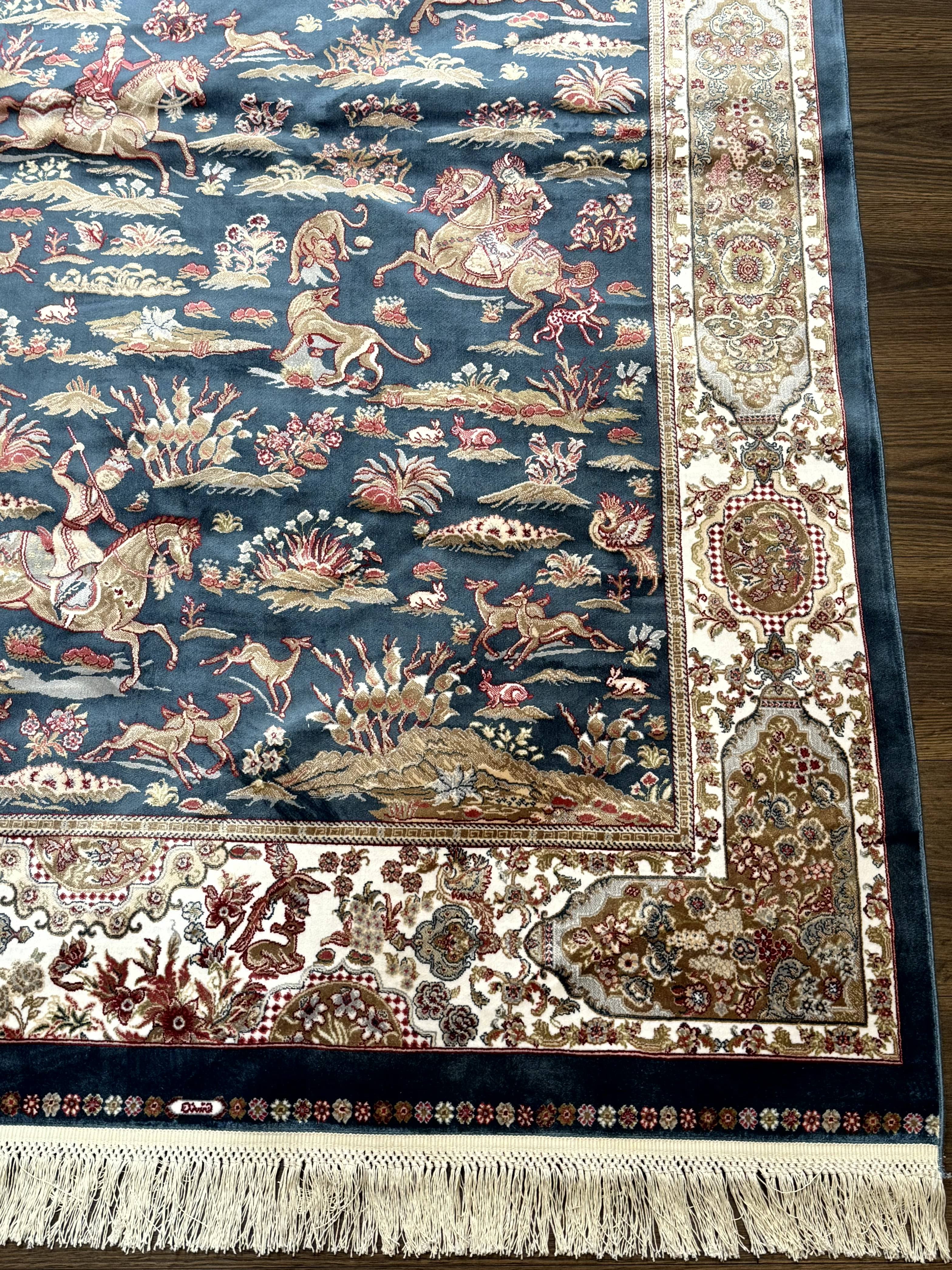 Turkish Silk Hunting Design Rug 4x6, Dark Steel Blue & Ivory, Bamboo Silk, New - Jewel Rugs