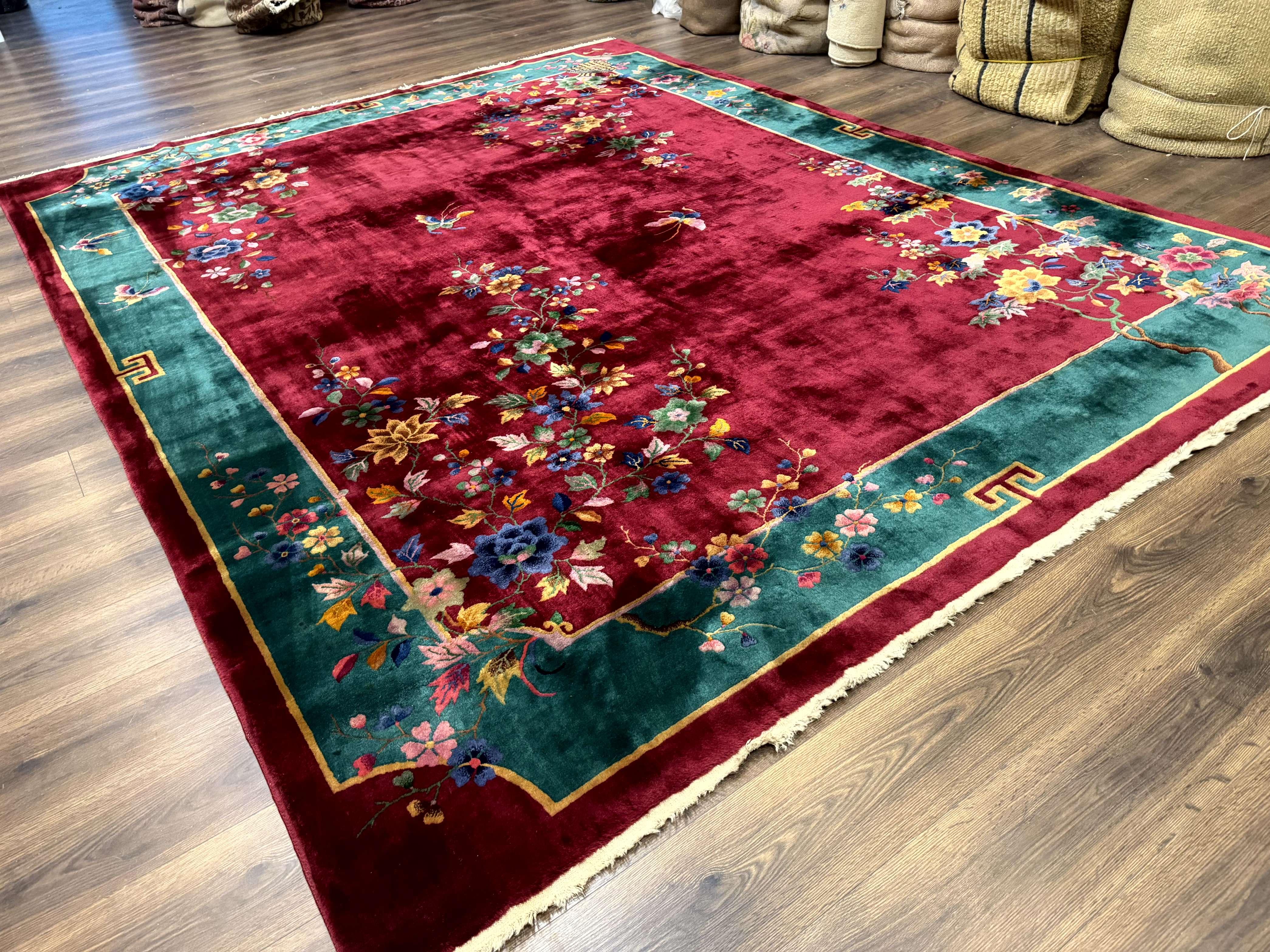 Antique Chinese Art Deco Rug 9x11, Rare, Nichols Rug, Cherry Red and Green, Chinese Wool Carpet - Jewel Rugs