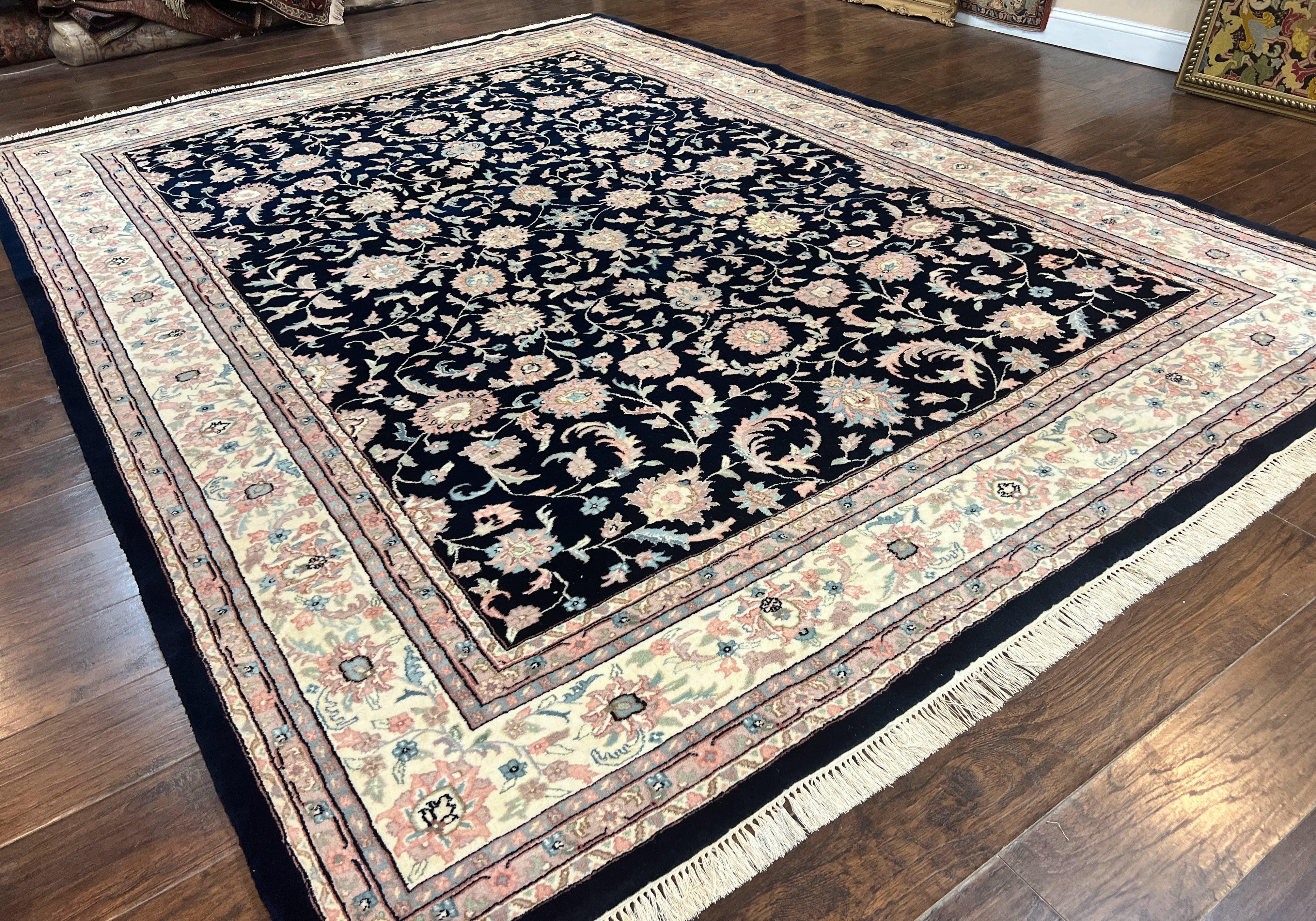 Indo Persian Rug 9x12, Navy Blue and Ivory/Cream, Floral Allover, Wool Vintage Handmade Carpet - Jewel Rugs