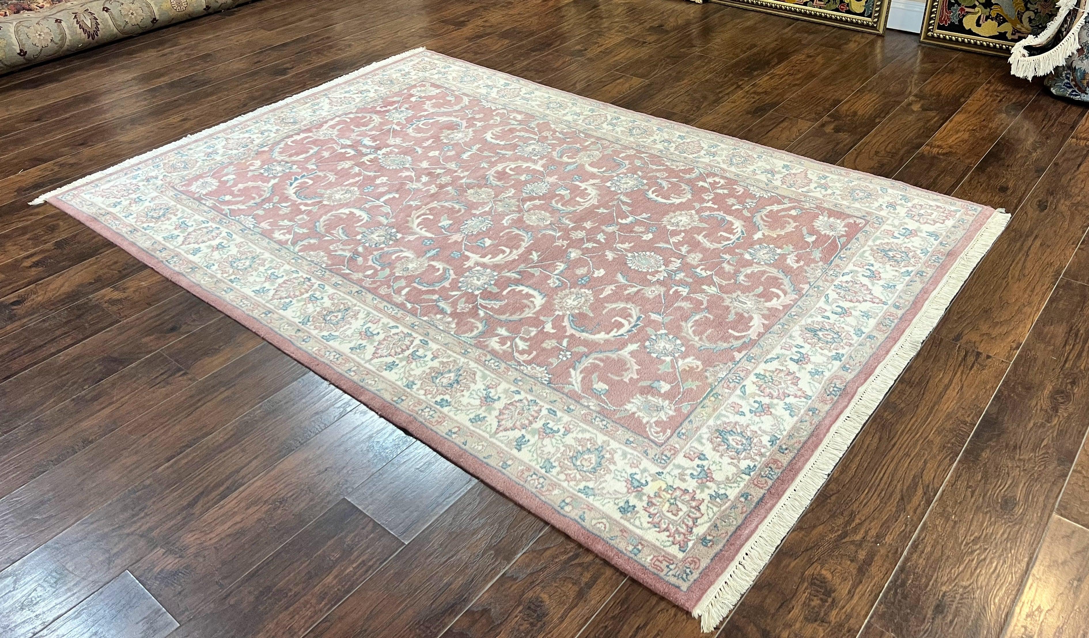 Indo Persian Rug 6x9, Light Pink and Ivory, Floral Allover Pattern, Handmade Vintage Wool Carpet - Jewel Rugs