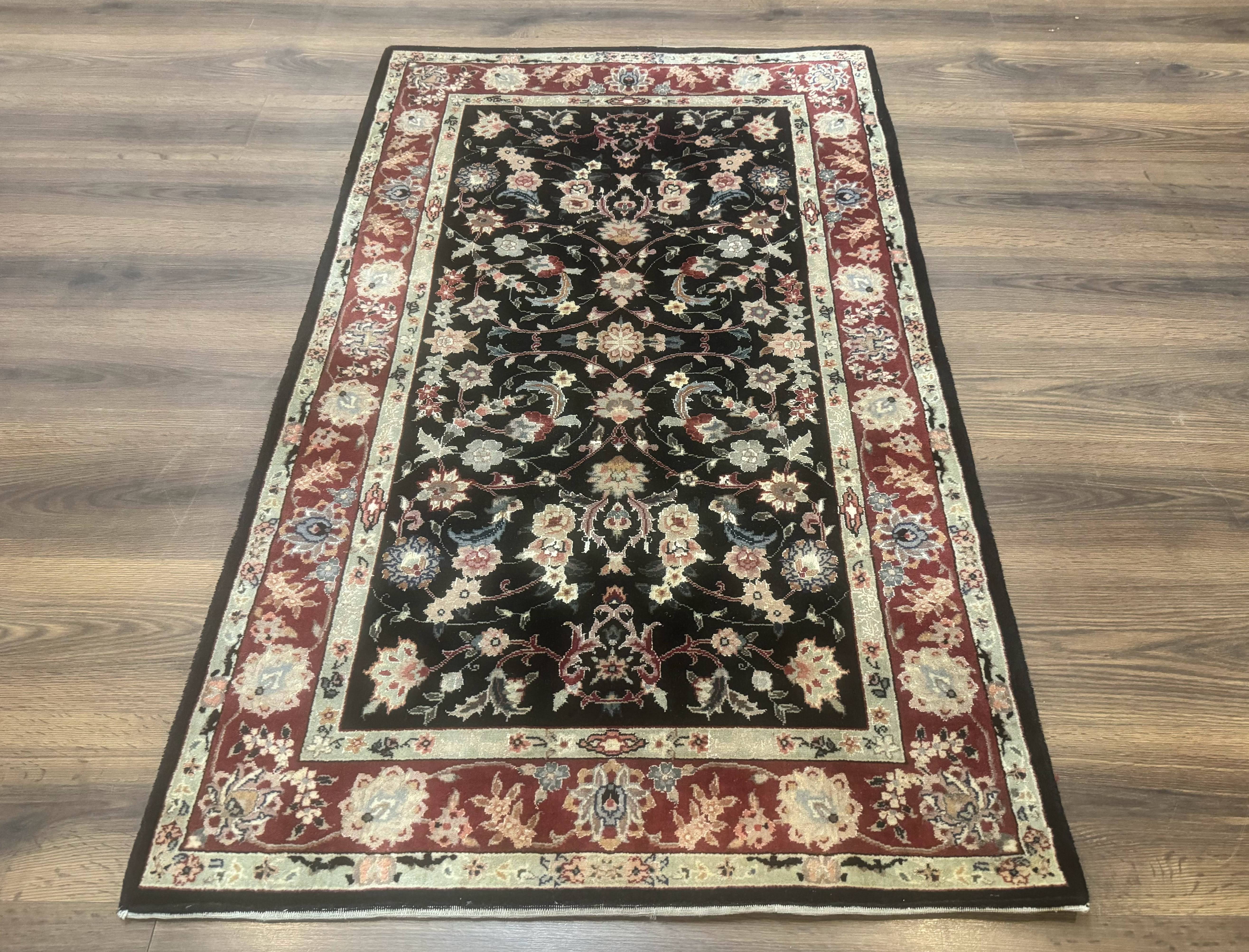 Black Sino Persian Rug 3x5, Wool with Silk Highlights, Floral, Fine 170 KPSI - Jewel Rugs