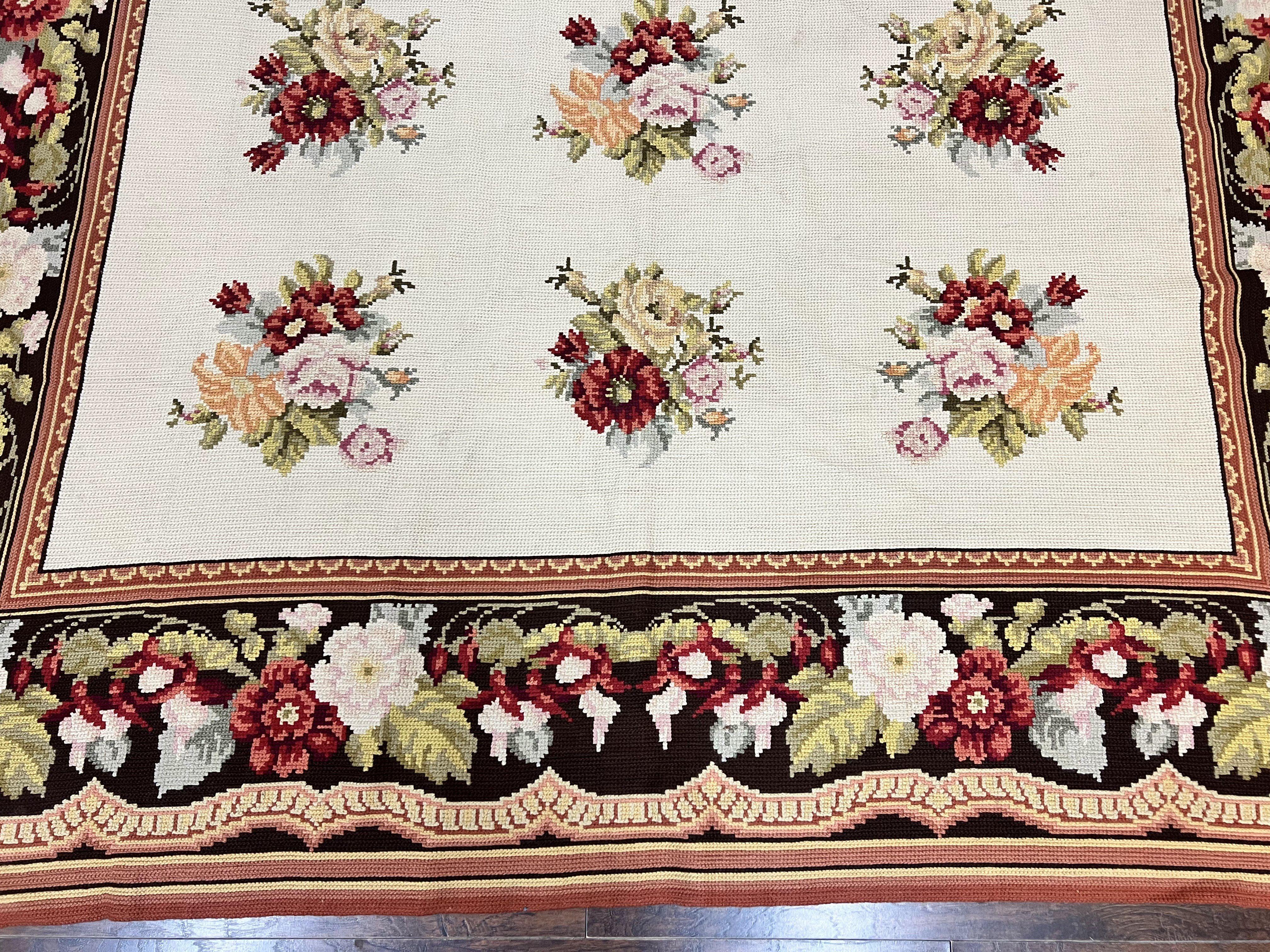 Portuguese Needlepoint Rug 8x9, Vintage Rug 8 x 9 ft, Ivory Dark Brown Hand-Woven Wool Portuguese Carpet, European Rug - Jewel Rugs