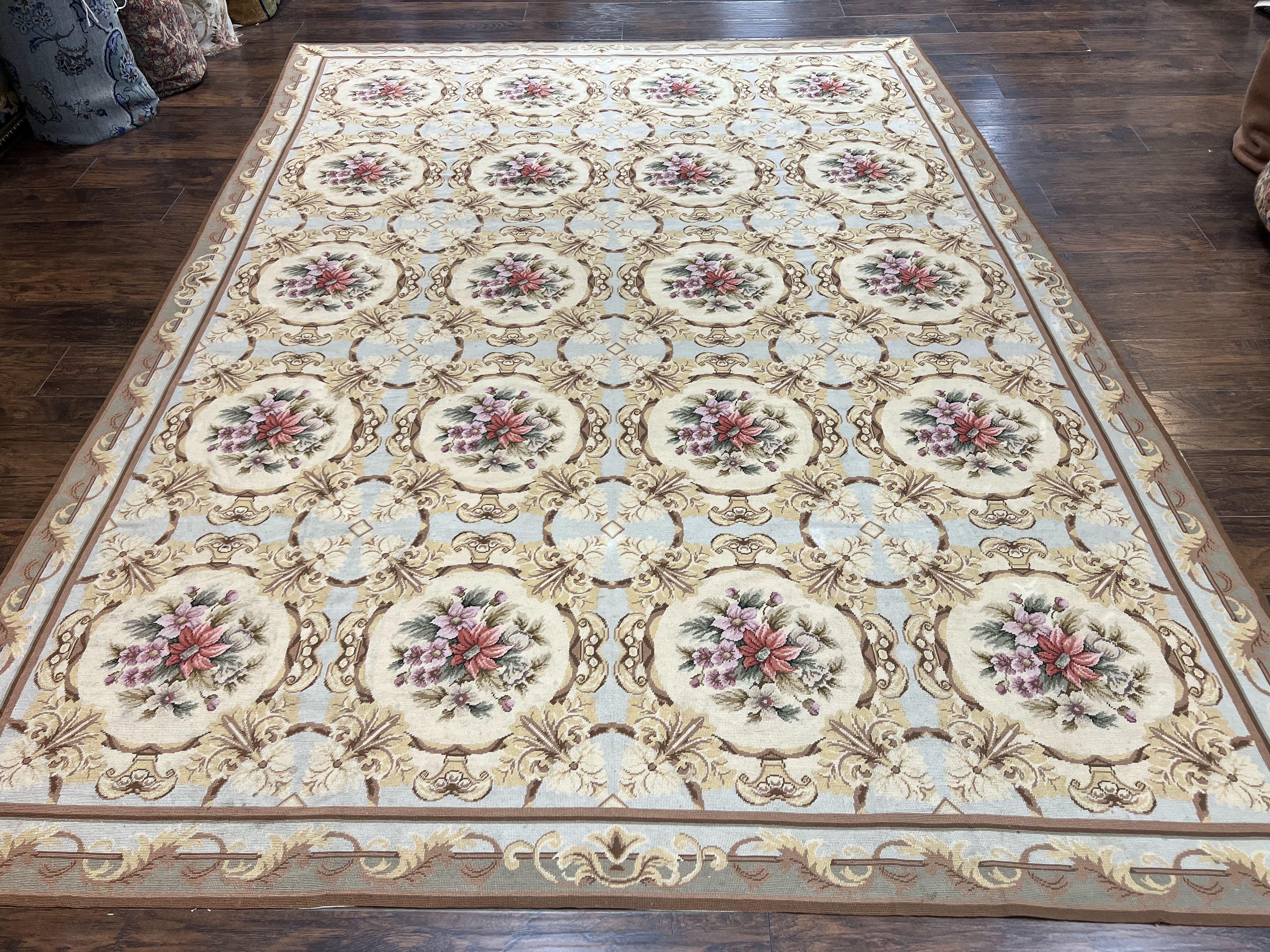 Chinese Needlepoint Rug 8x11, Handmade Wool Needlepoint Carpet, Vintage, Sky Blue - Jewel Rugs