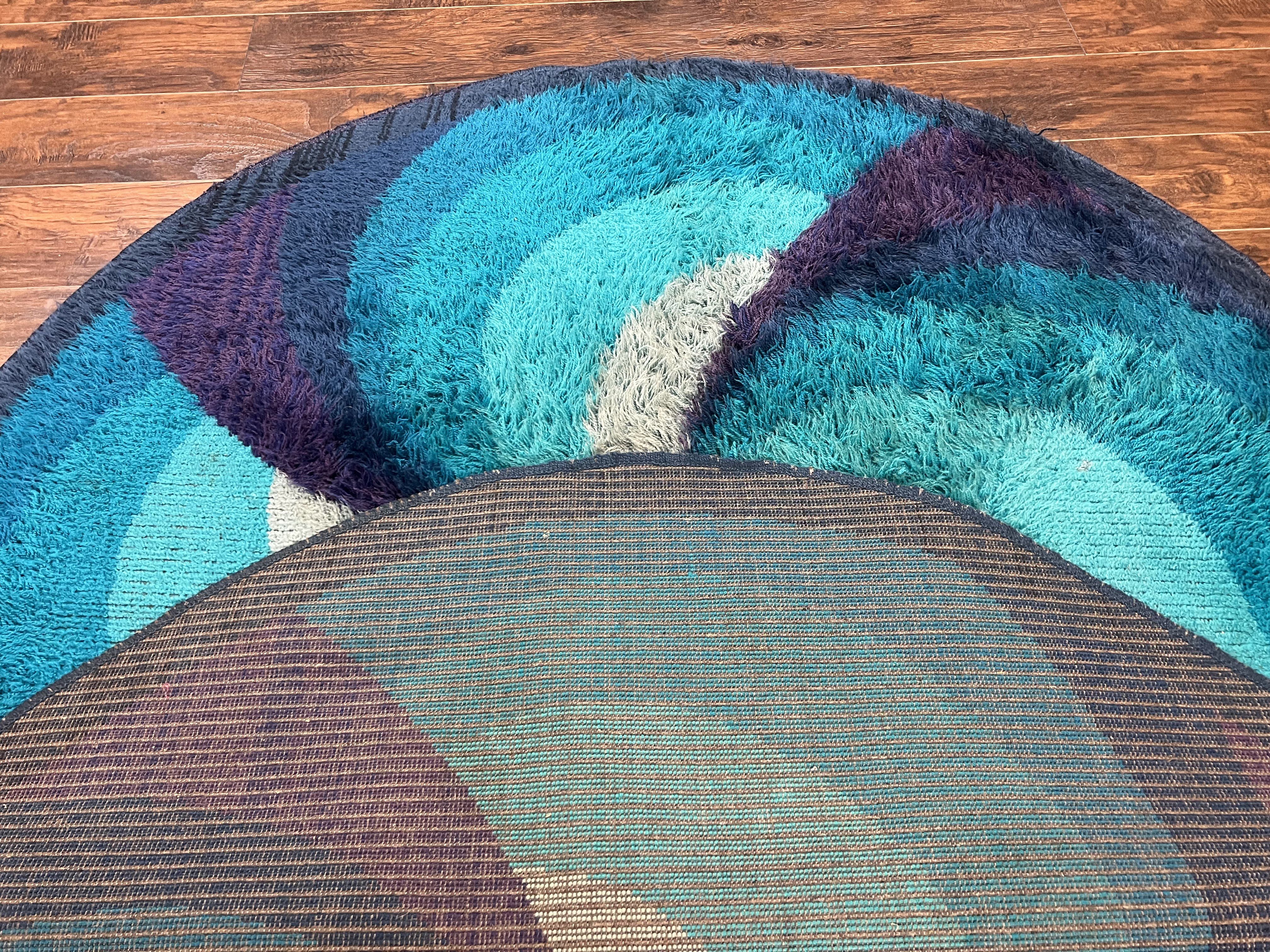 Round Rya Shag Rug 6x6 ft, Round Danish Rug, Shades of Blue, Mid Century 1960s Vintage Retro Area Rug 6ft Round - Jewel Rugs