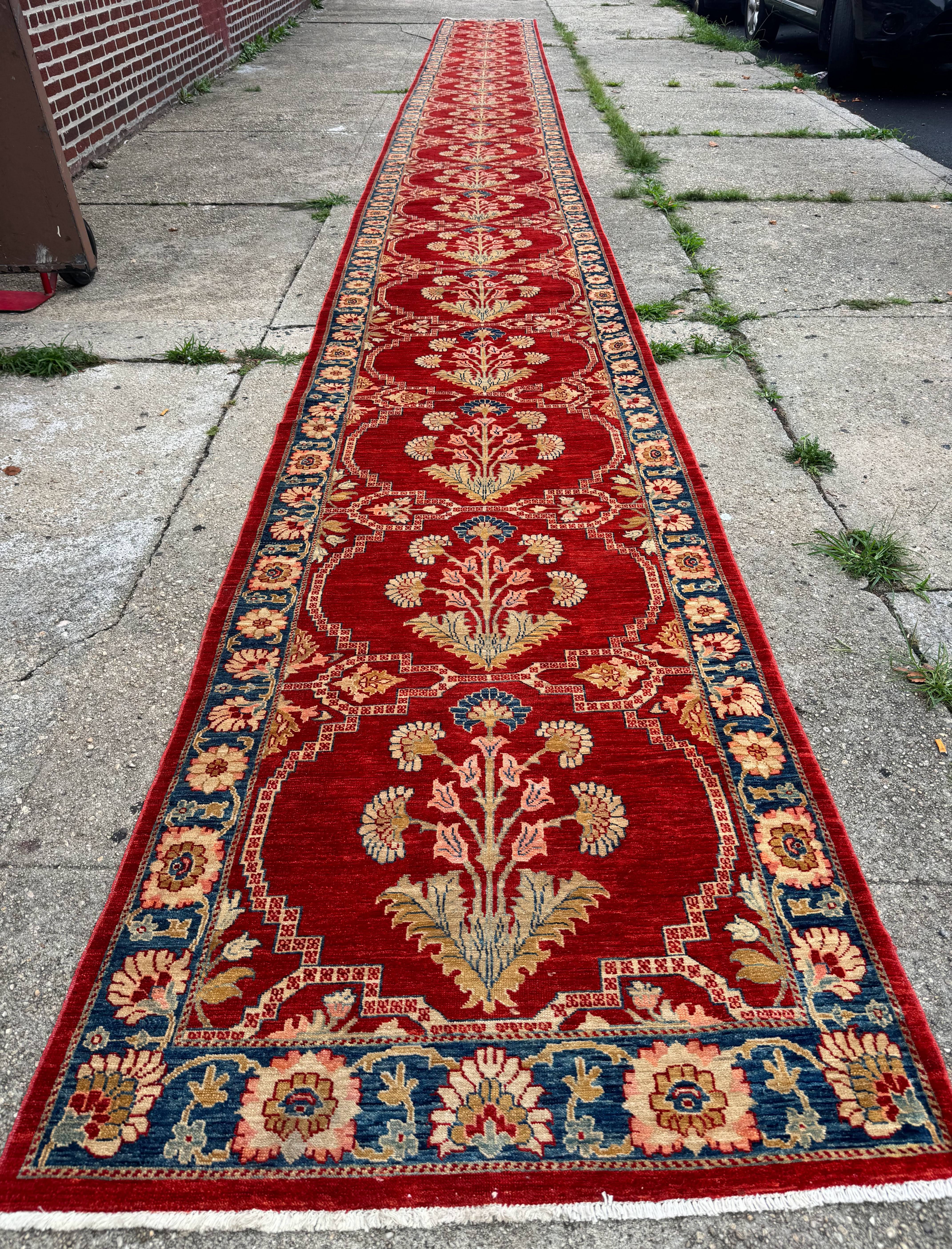 Rare Extra Long Runner Rug 3.7 x 39 ft, Handmade, Wool, Egyptian, Red, Floral, Custom Size - Jewel Rugs