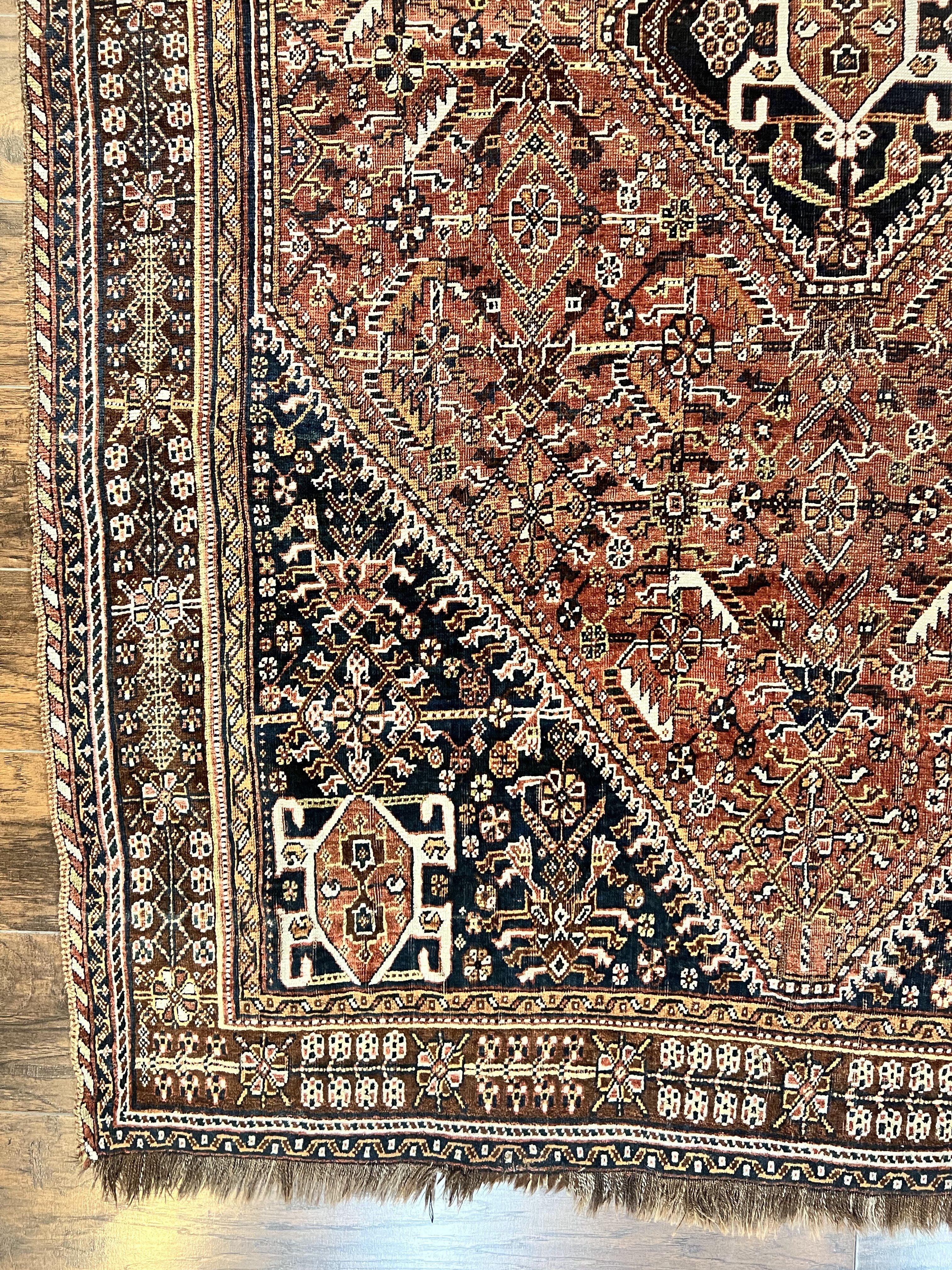 Antique Persian Shiraz Tribal Rug 6x8, Geometric Rug, Wool Handmade Hand Knotted Carpet, Red Blue - Jewel Rugs