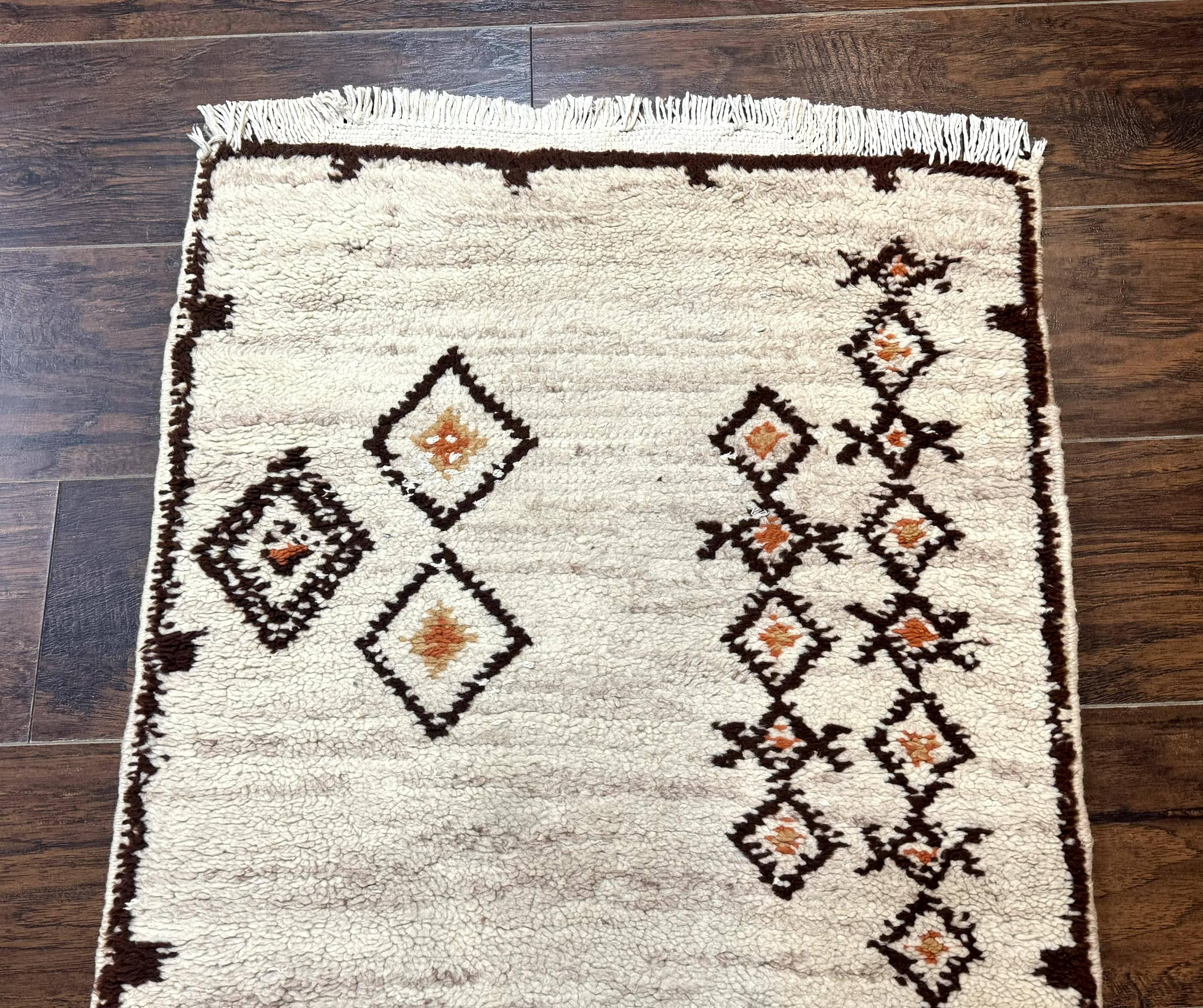 Moroccan Runner Rug 2x5, Short Runner, Geometric Abstract Tribal Design, Wool Carpet, Ivory - Jewel Rugs
