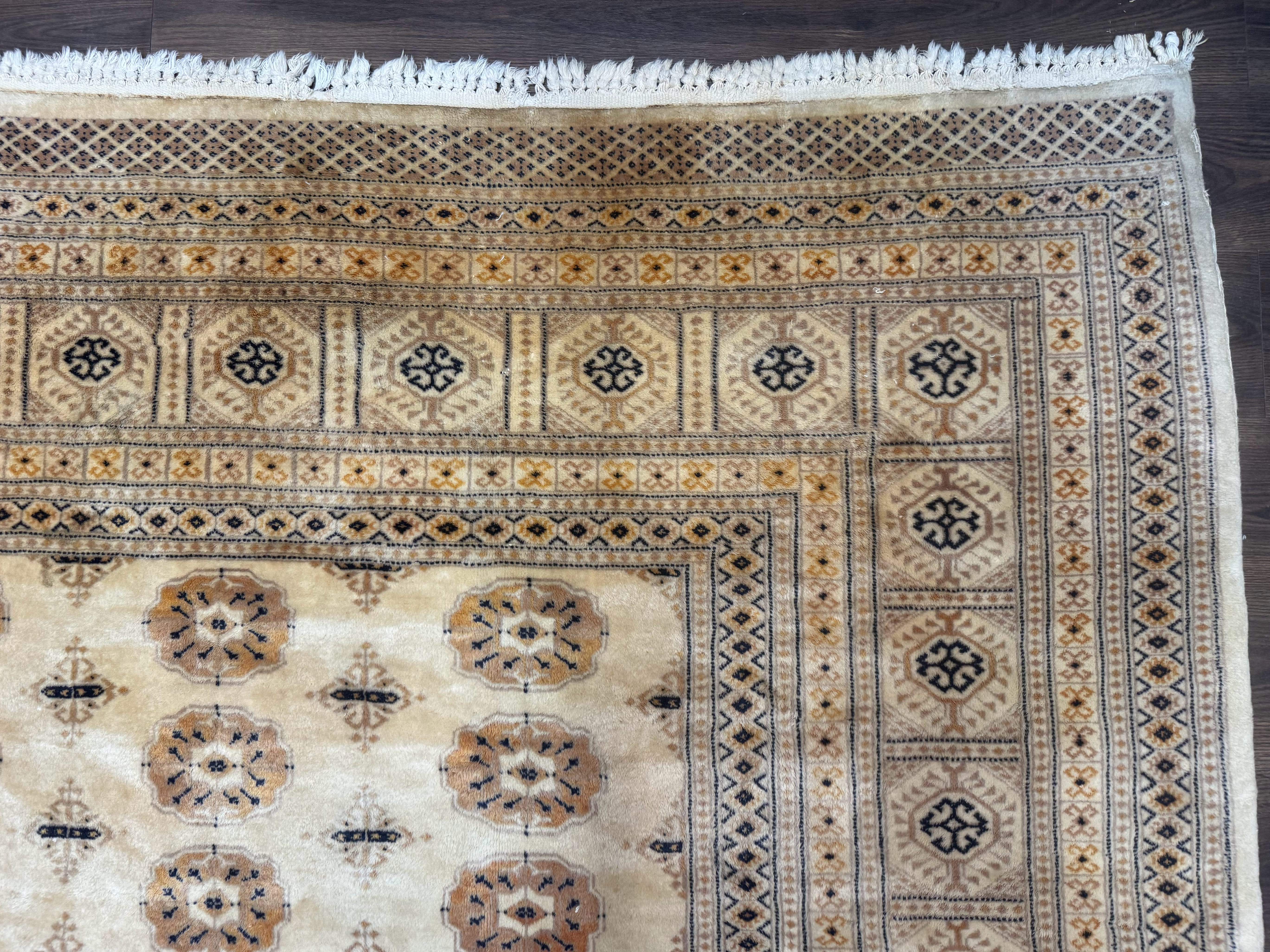 Pakistani Turkoman Bokhara Rug 8x12, Beige Vintage Tribal Wool Carpet - Jewel Rugs