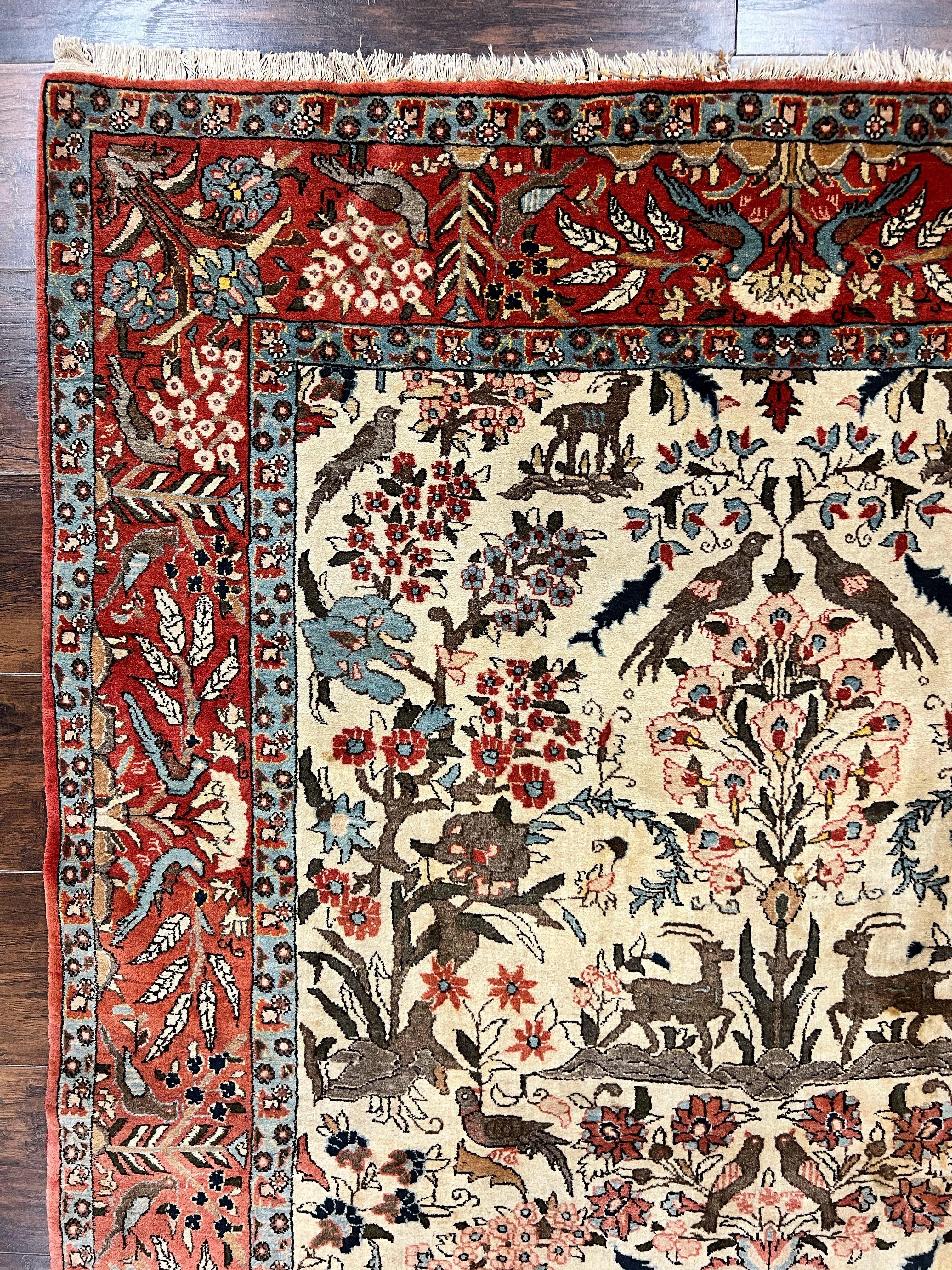 Persian Tree of Life 5x7, Qum Rug, Animal Motifs, Deer Birds, Fine 225 KPSI, Semi Antique Vintage Handmade Wool Rug, Cream Red - Jewel Rugs