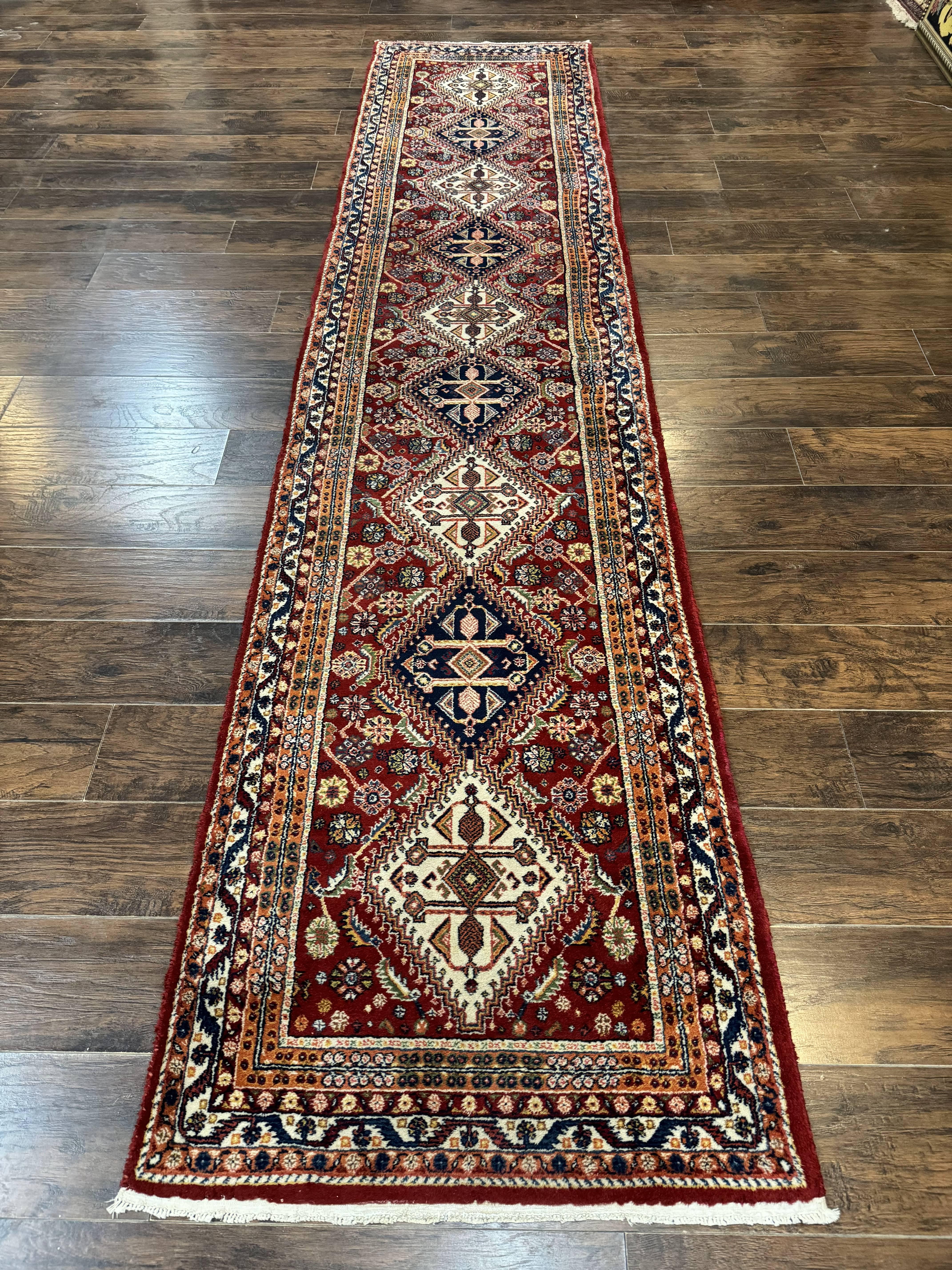 Antique Persian Qashqai Runner Rug 3 x 13 ft, Tribal Runner, Geometric Medallions, Red Ivory Blue, Wool - Jewel Rugs