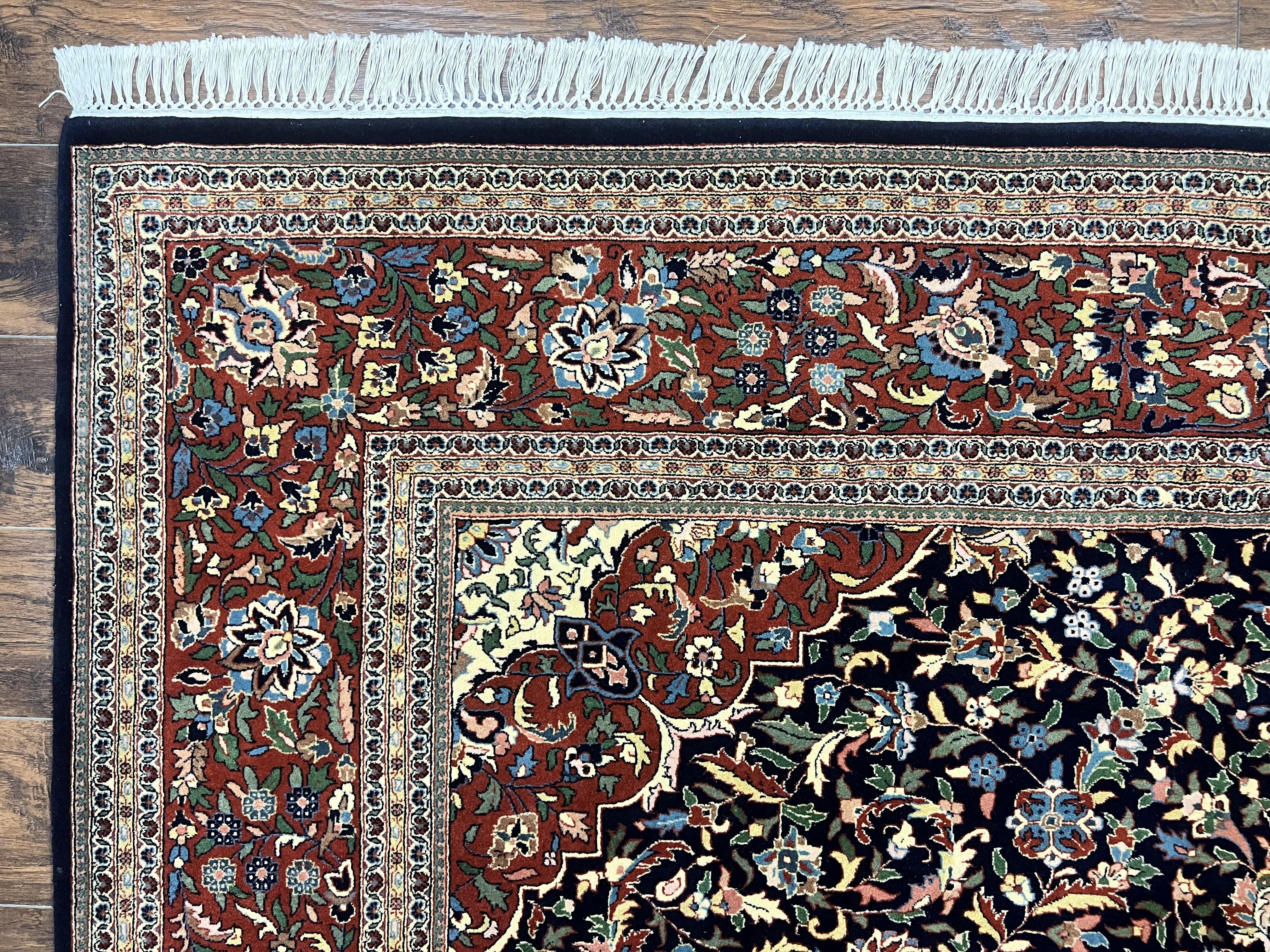 Indo Persian Rug 8x10, Floral Medallion, Vintage Handmade Wool Carpet, Navy Blue and Red, Fine 300 KPSI - Jewel Rugs