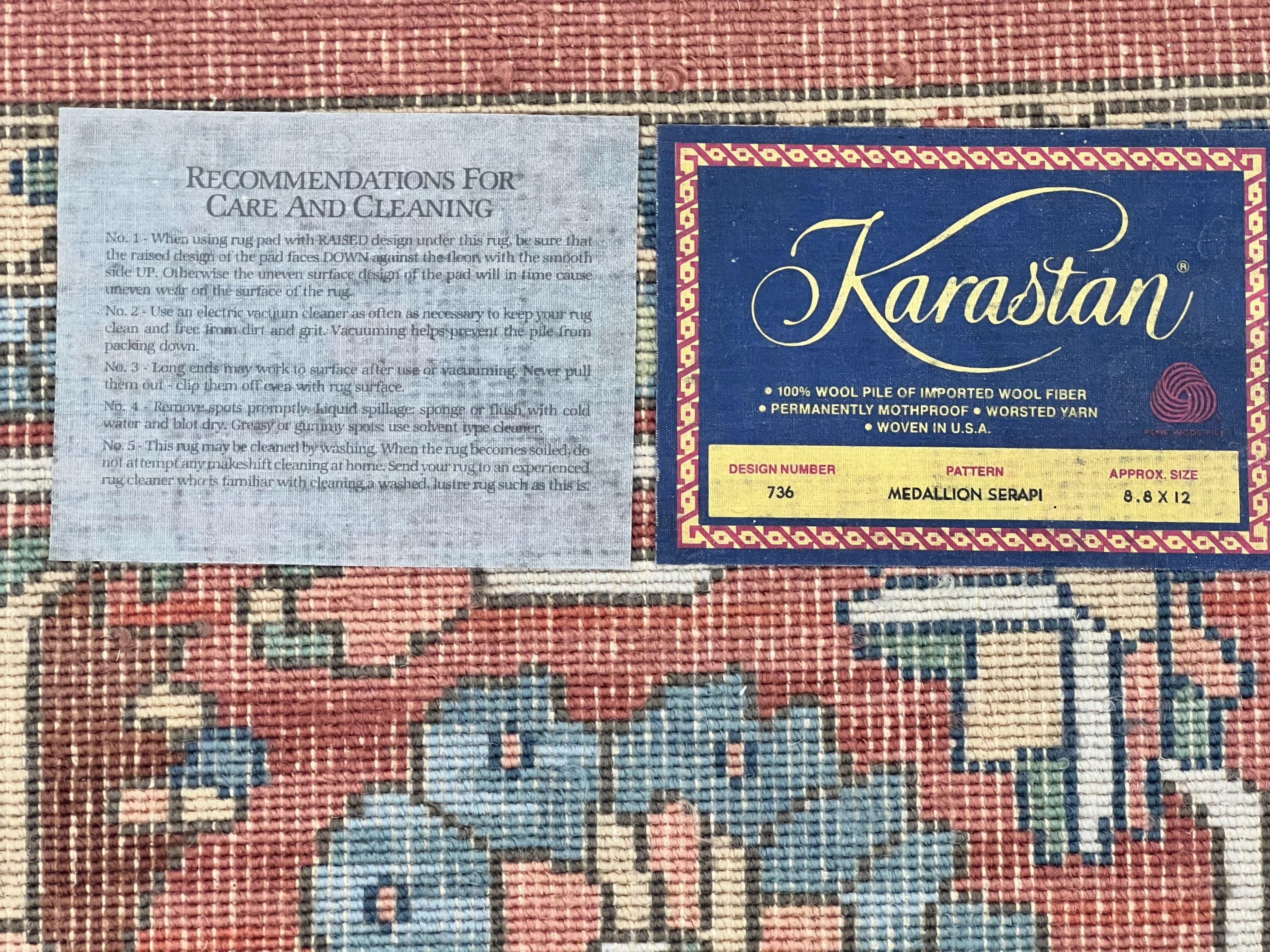 Karastan Medallion Serapi Rug #736, Vintage Wool Karastan Carpet 8.8 x 12, Discontinued Original 700 Series Karastan Area Rug, Red Blue - Jewel Rugs