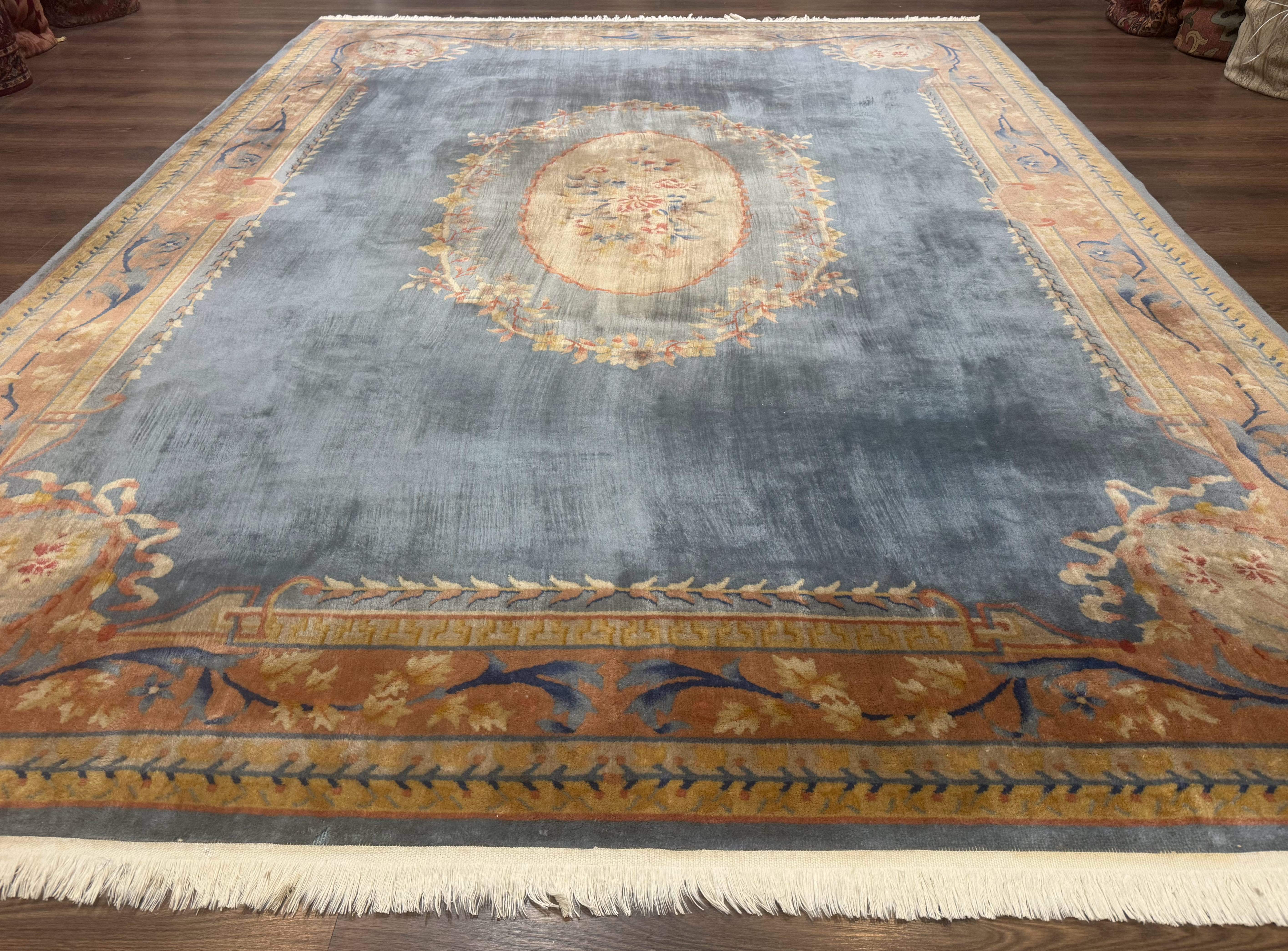 Chinese Aubusson Wool Rug 9x11, Light Blue and Salmon, Hand Knotted, Soft Pile - Jewel Rugs