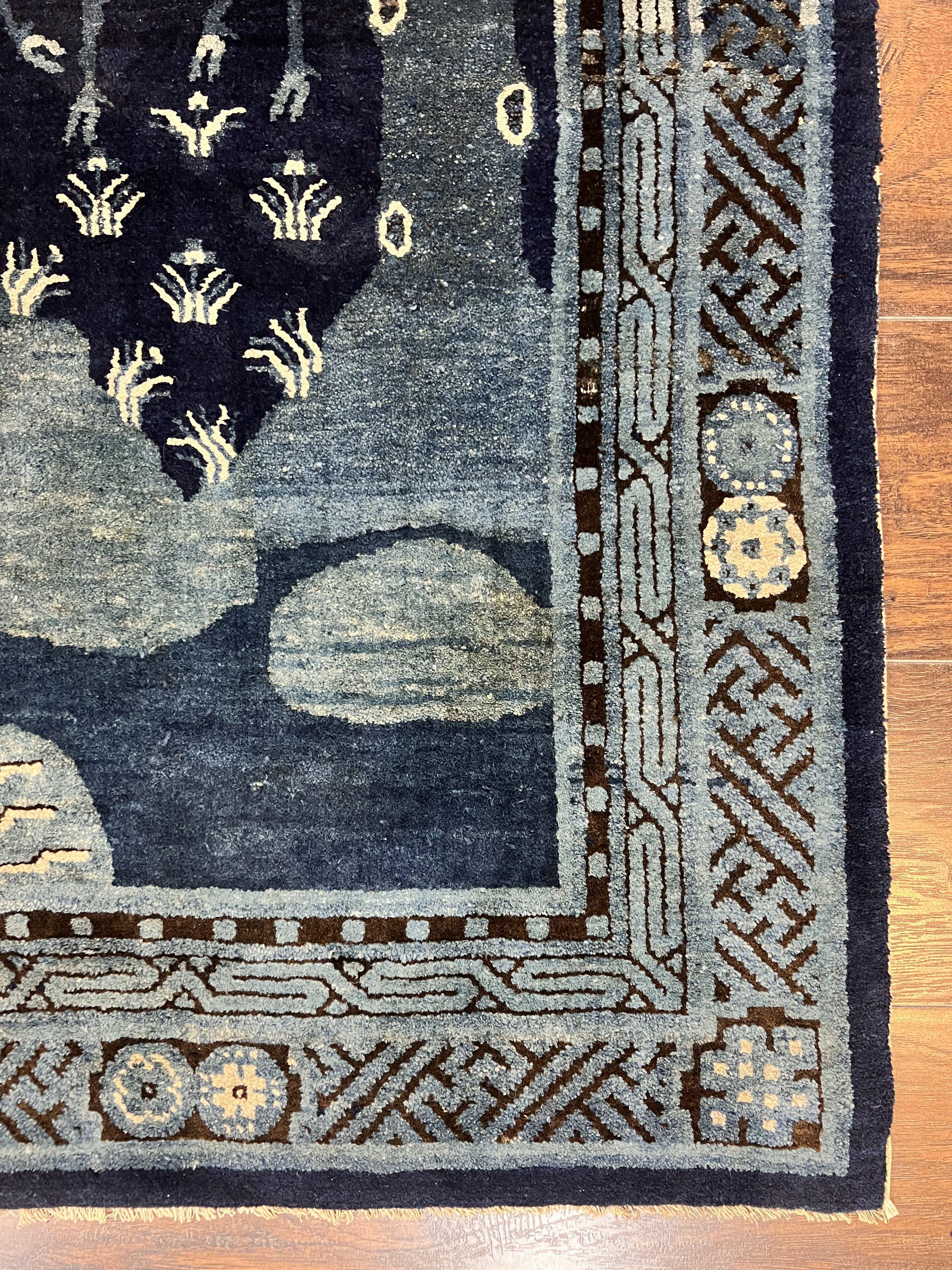 Antique Chinese Peking Rug 3x5, Dark Blue Chinese Wool Rug 3 x 5, Animal Pictorials Deer Birds, Handmade Asian Oriental Chinese Carpet - Jewel Rugs