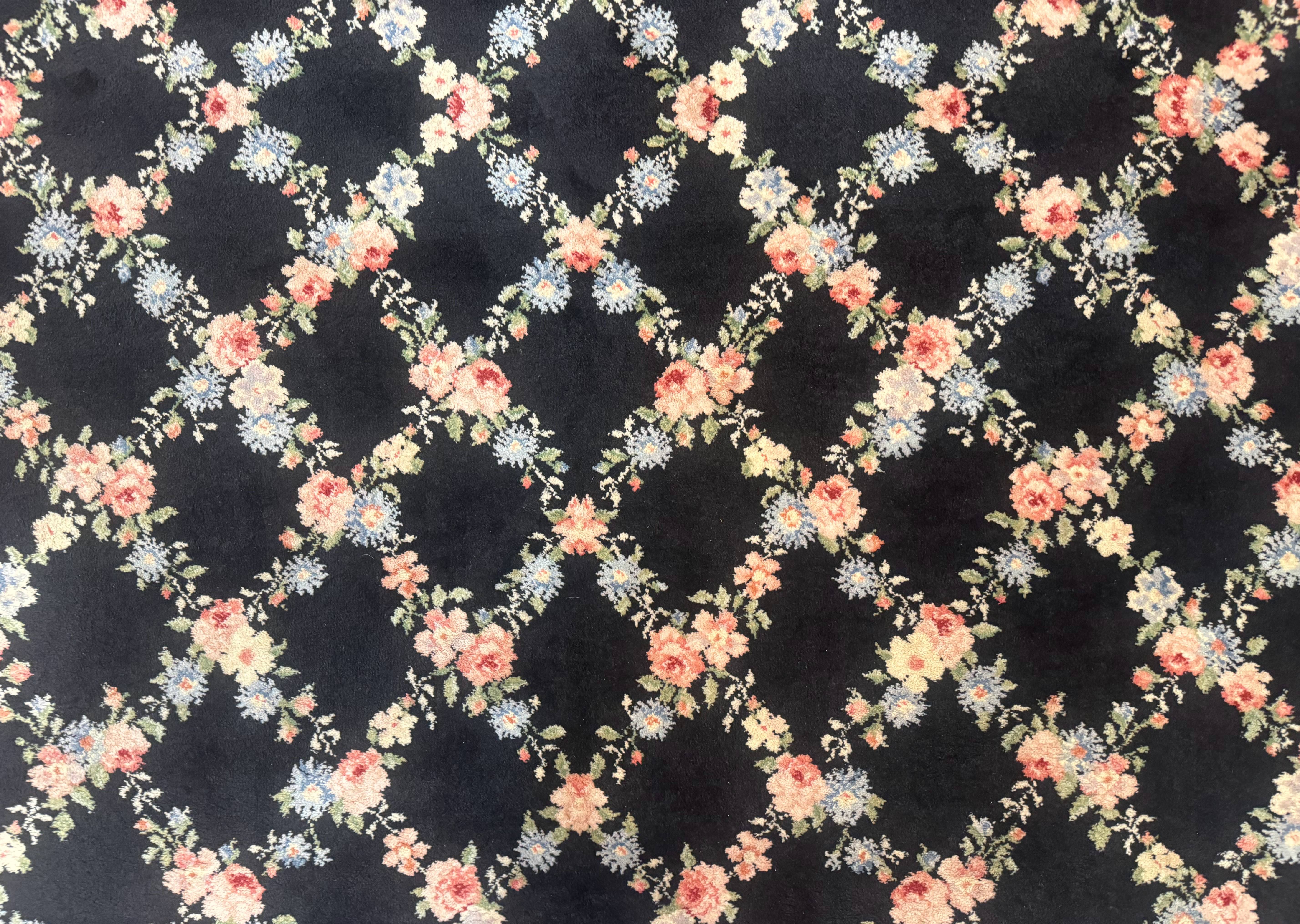 8.8 x 12 Karastan Garden of Eden Rug, Ebony Trellis #509/1270, Black, Floral, Wool Pile, Vintage, Discontinued - Jewel Rugs