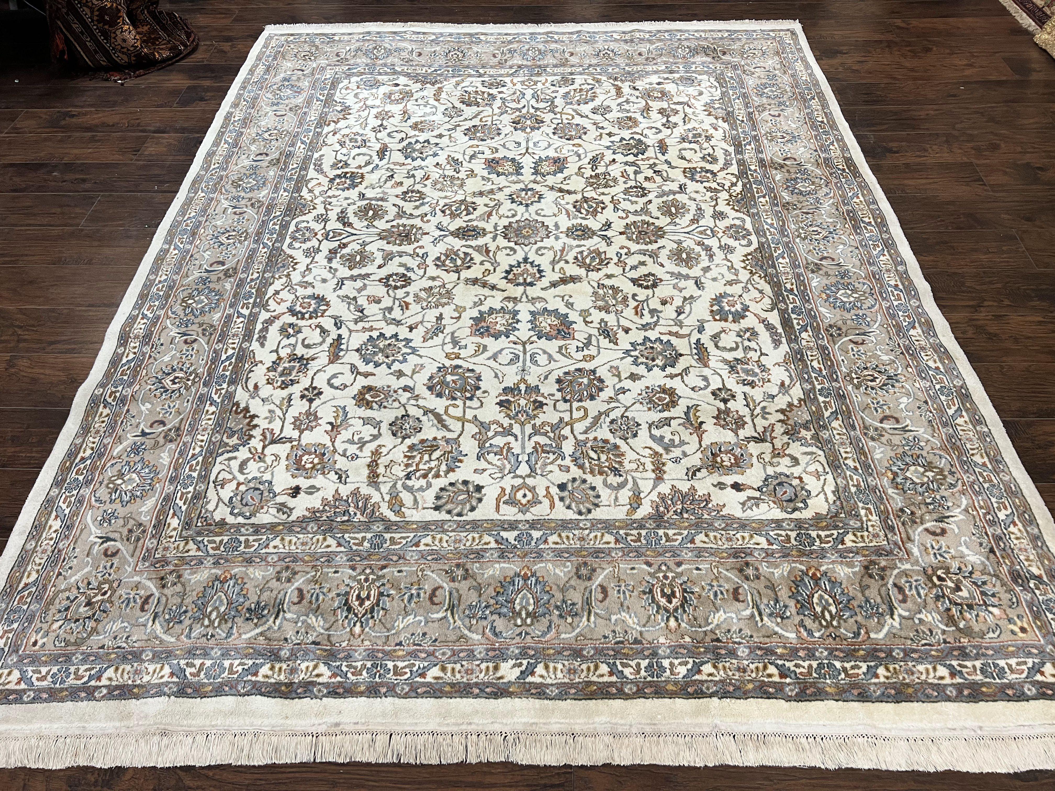 Indo Persian Rug 8x10, Floral Allover, Ivory and Gray, Handmade Vintage Wool Carpet - Jewel Rugs