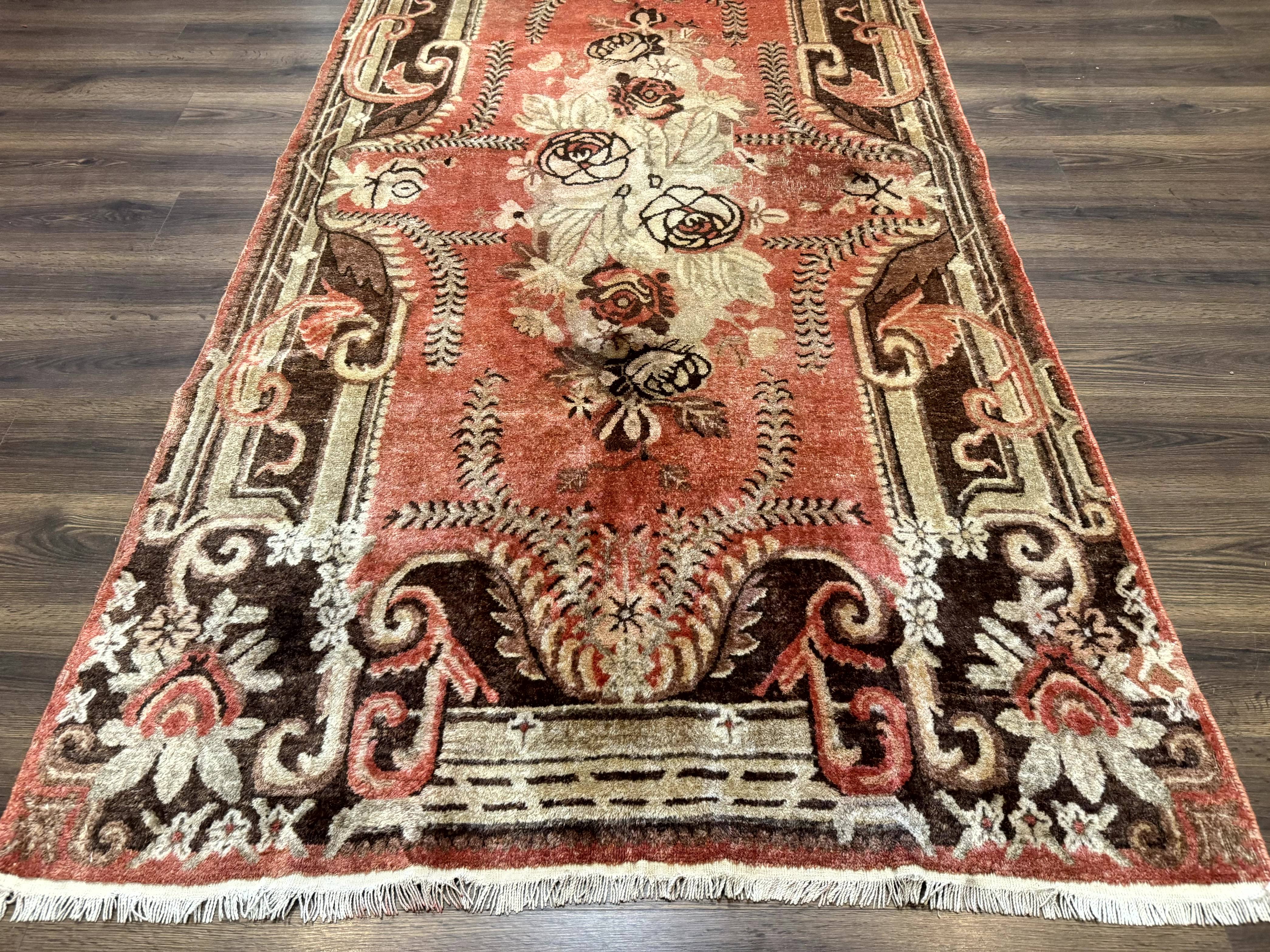 Khotan Rug 5x9, Terracotta and Brown, Floral, Chinese Wool Carpet, Antique Rug - Jewel Rugs
