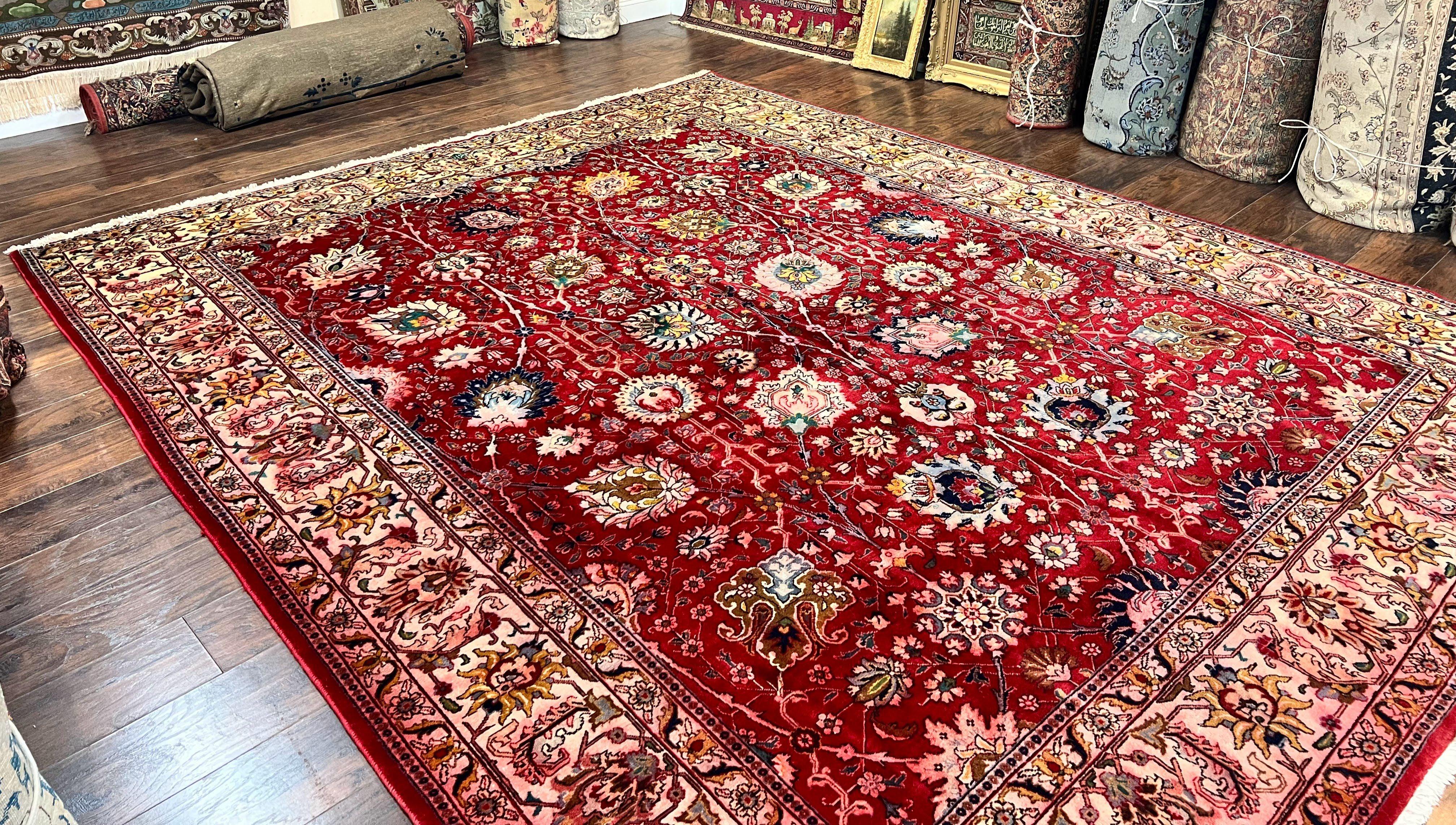 Persian Tabriz Rug 10x12, Floral Allover, Handmade Vintage Wool Carpet, Red and Cream - Jewel Rugs