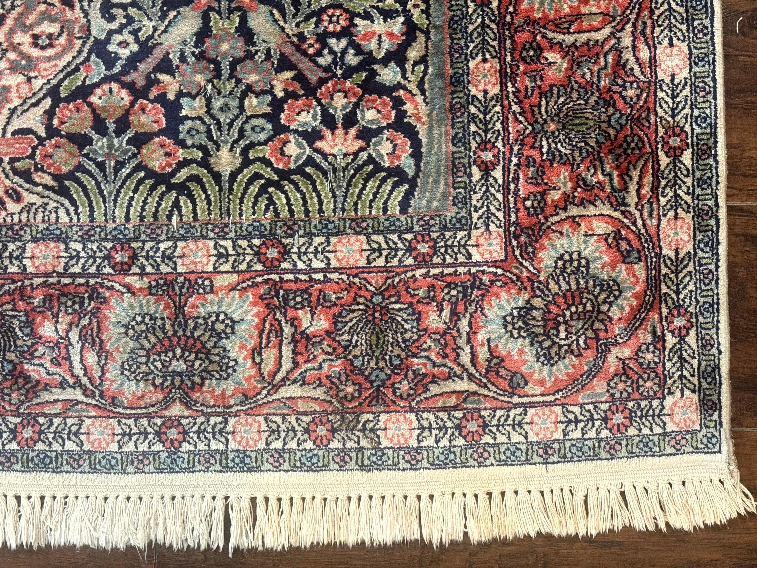 Silk Indian Kashmiri Rug 4x6, Tree of Life Pattern, Birds, Fine 290 KPSI, Navy Blue and Red, Handmade Oriental Carpet - Jewel Rugs