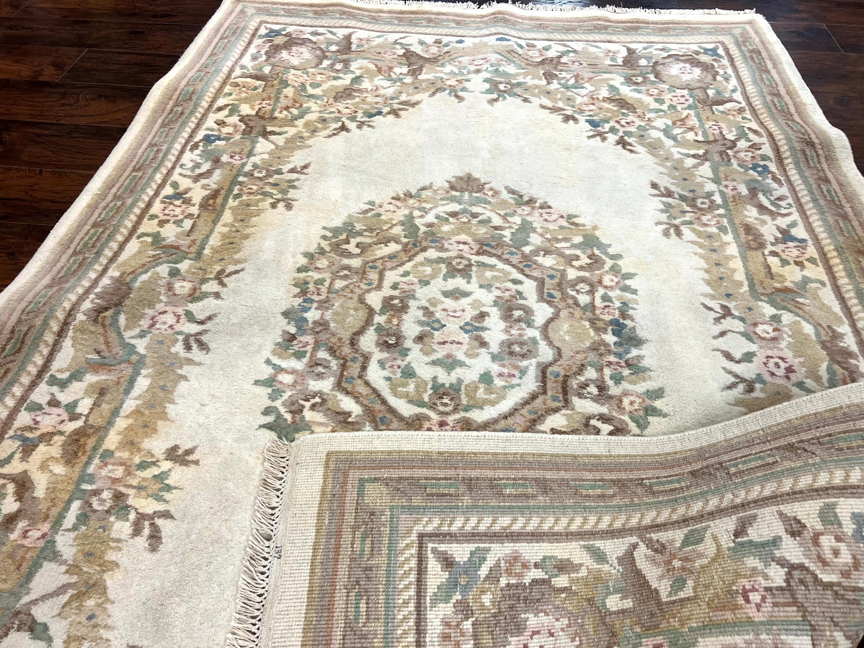 Indo Chinese Aubusson Rug 6x9, Wool Vintage Handmade Rug, Beige - Jewel Rugs