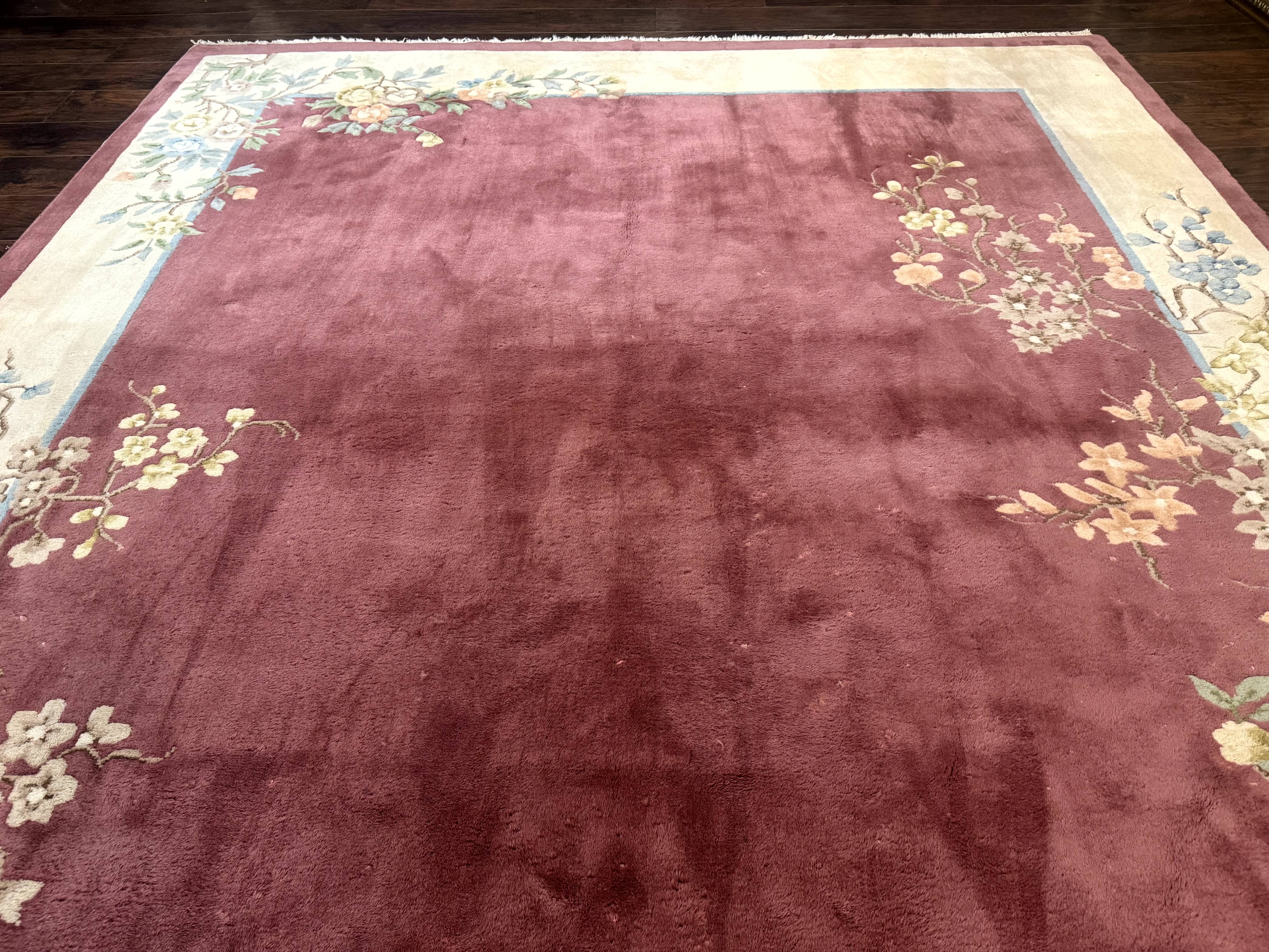 Indo Chinese Art Deco Rug 9x12, Pink and Ivory, Open Filed, Floral, Wool - Jewel Rugs