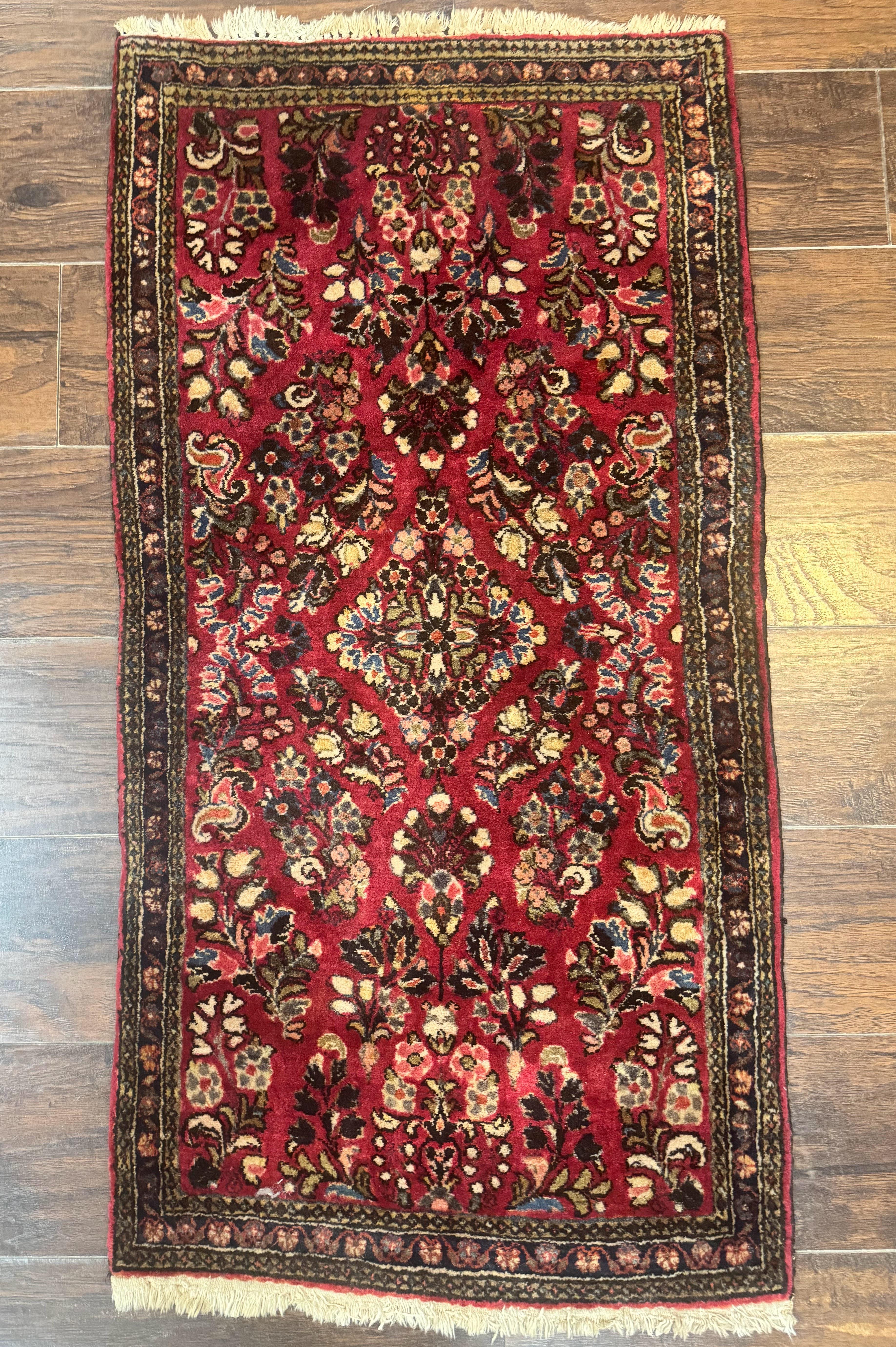 Small Persian Sarouk Rug 2x4, Floral, Red Hand Knotted Wool Traditional Oriental Carpet, Antique Persian Rug 2 x 4 - Jewel Rugs