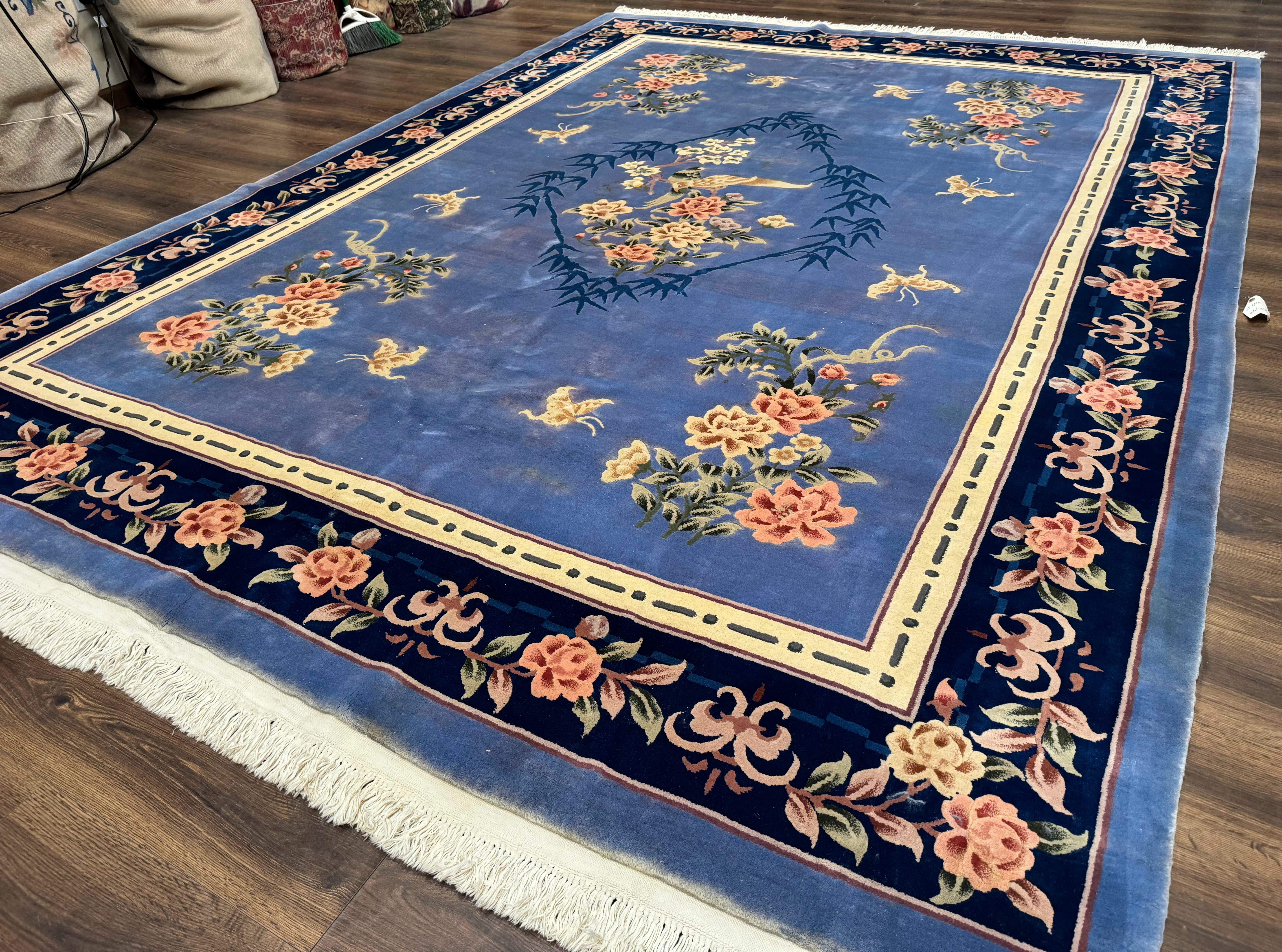 Blue Chinese Wool Rug 9x12, Art Deco Peking Asian Oriental Carpet, Floral Butterflies, 90 Line Rug - Jewel Rugs
