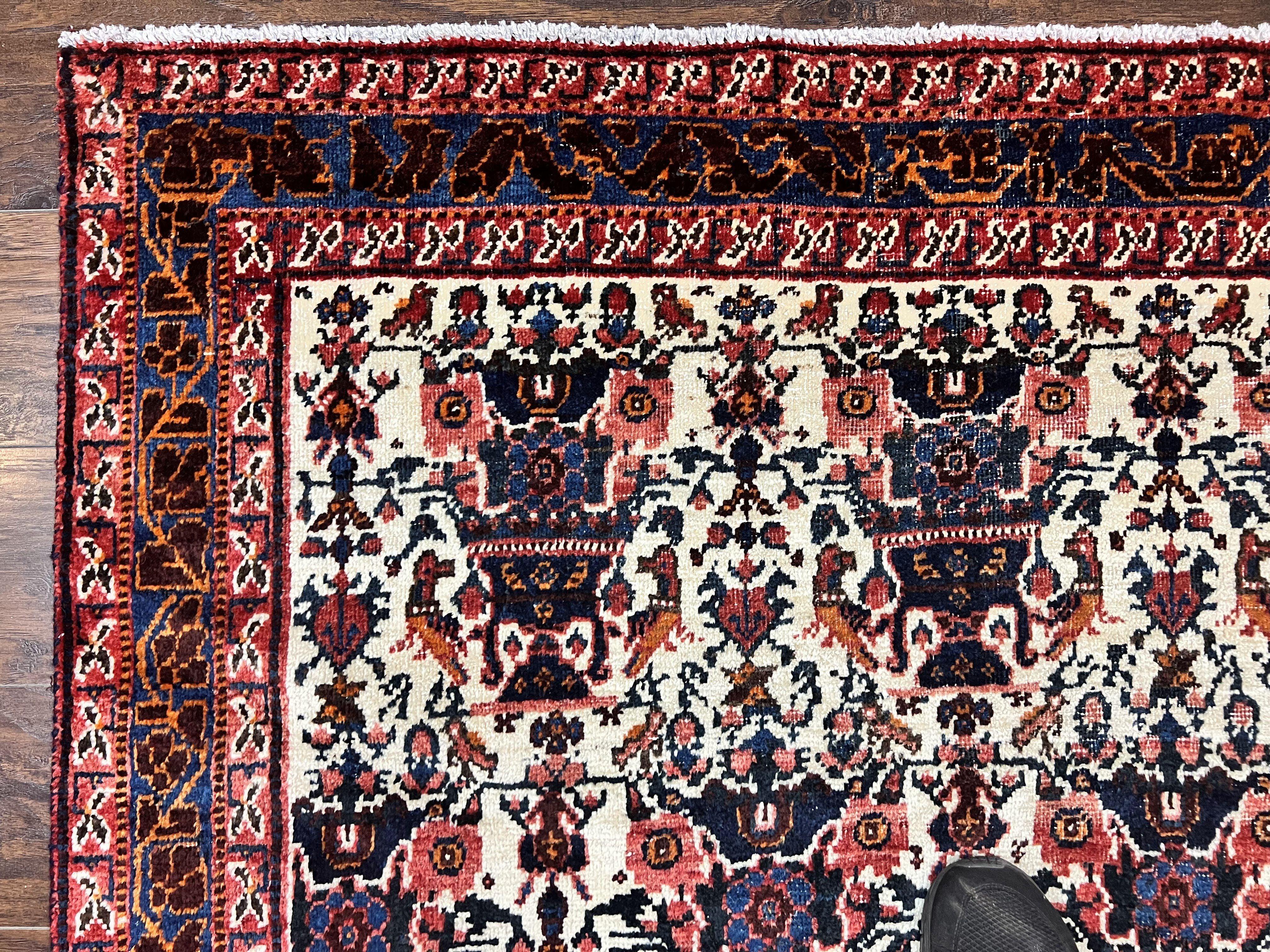 Persian Afshar Rug 6x8, Wool Hand Knotted Semi Antique Vintage Carpet, Floral Allover, Repeated Birds Flowers Vases Motifs - Jewel Rugs