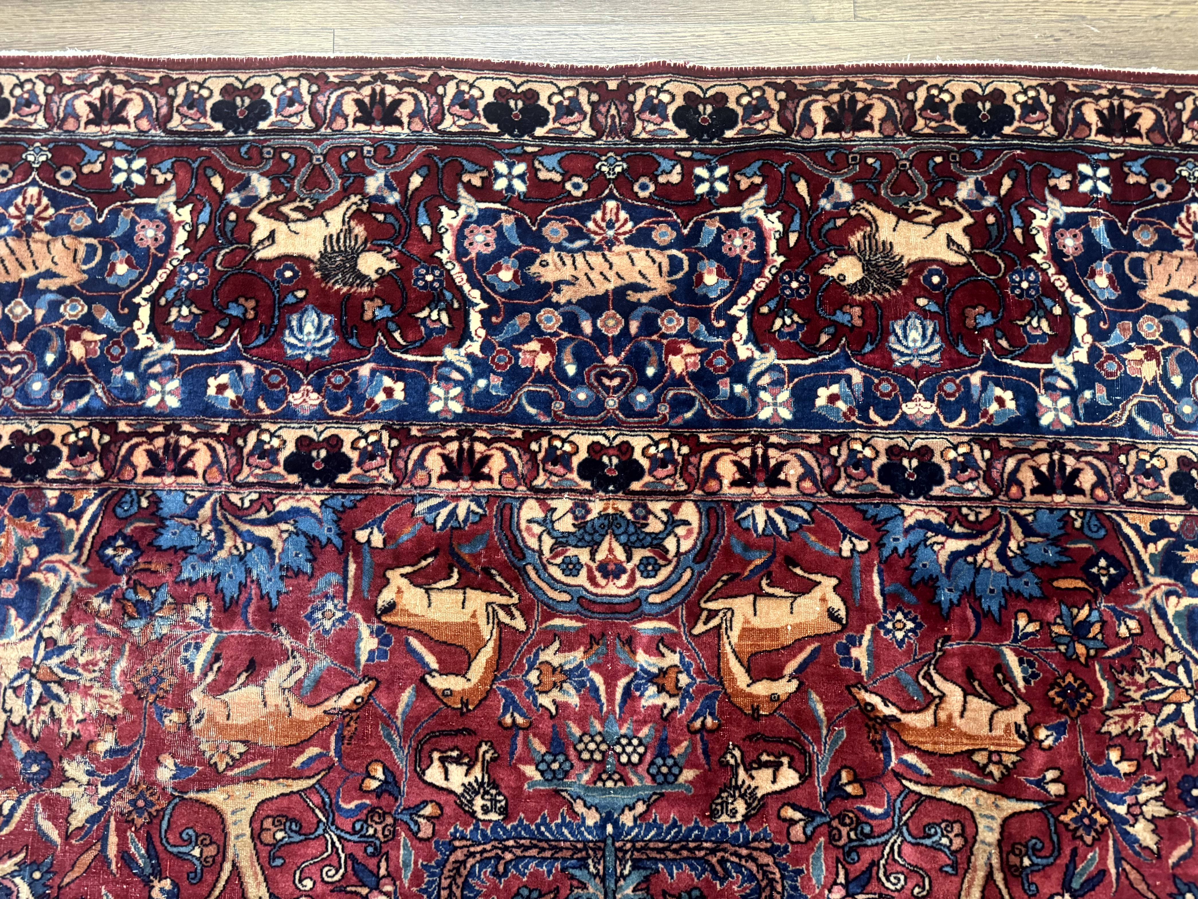 Antique Indo Persian Kerman Rug 9x12 Red Manchester Wool Animal Pictorials, Fine 290 KPSI - Jewel Rugs