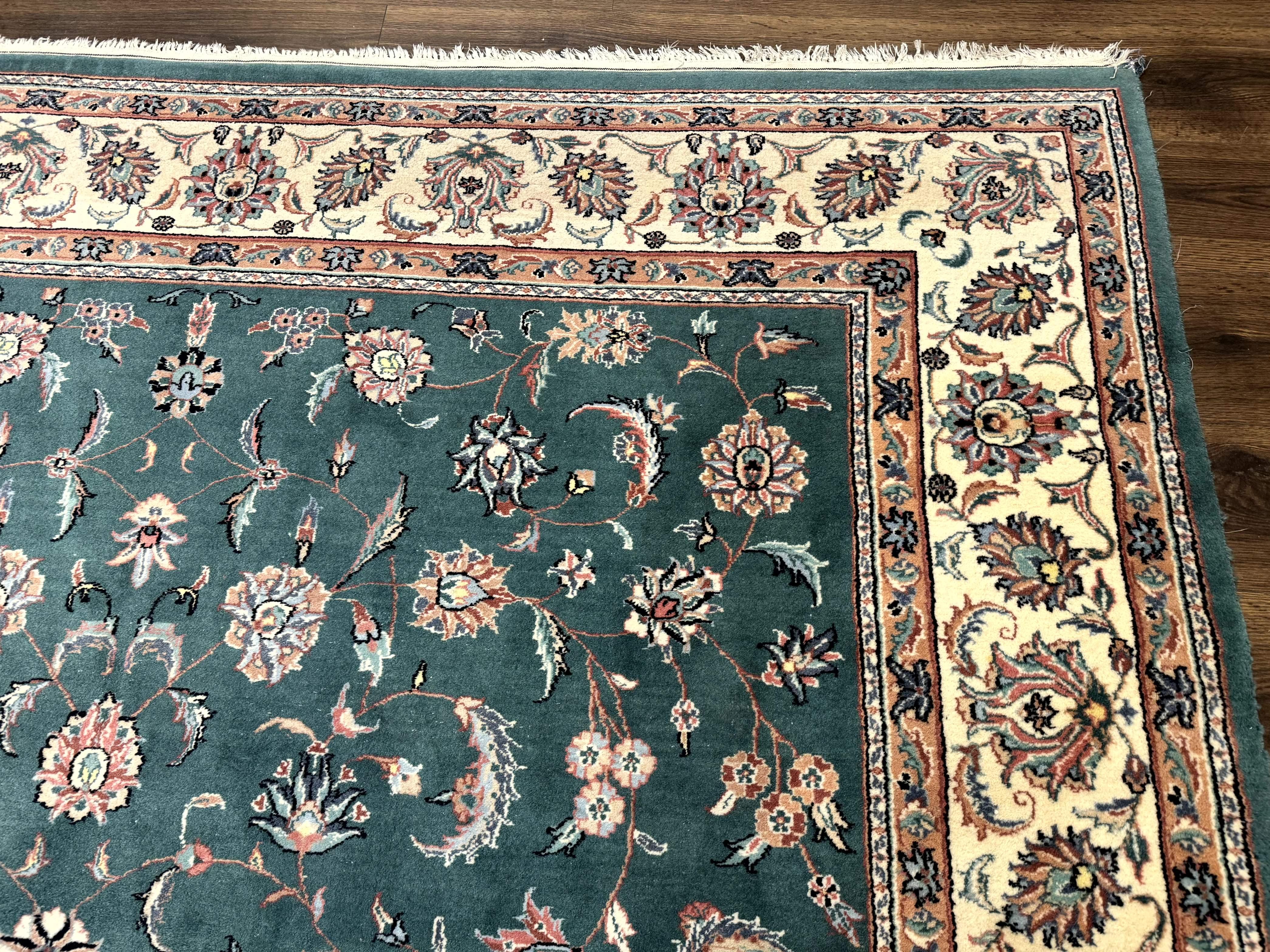 Indo Persian Rug 8x10, Green and Beige Oriental Carpet, Traditional Wool Area Rug, Floral Allover Pattern - Jewel Rugs